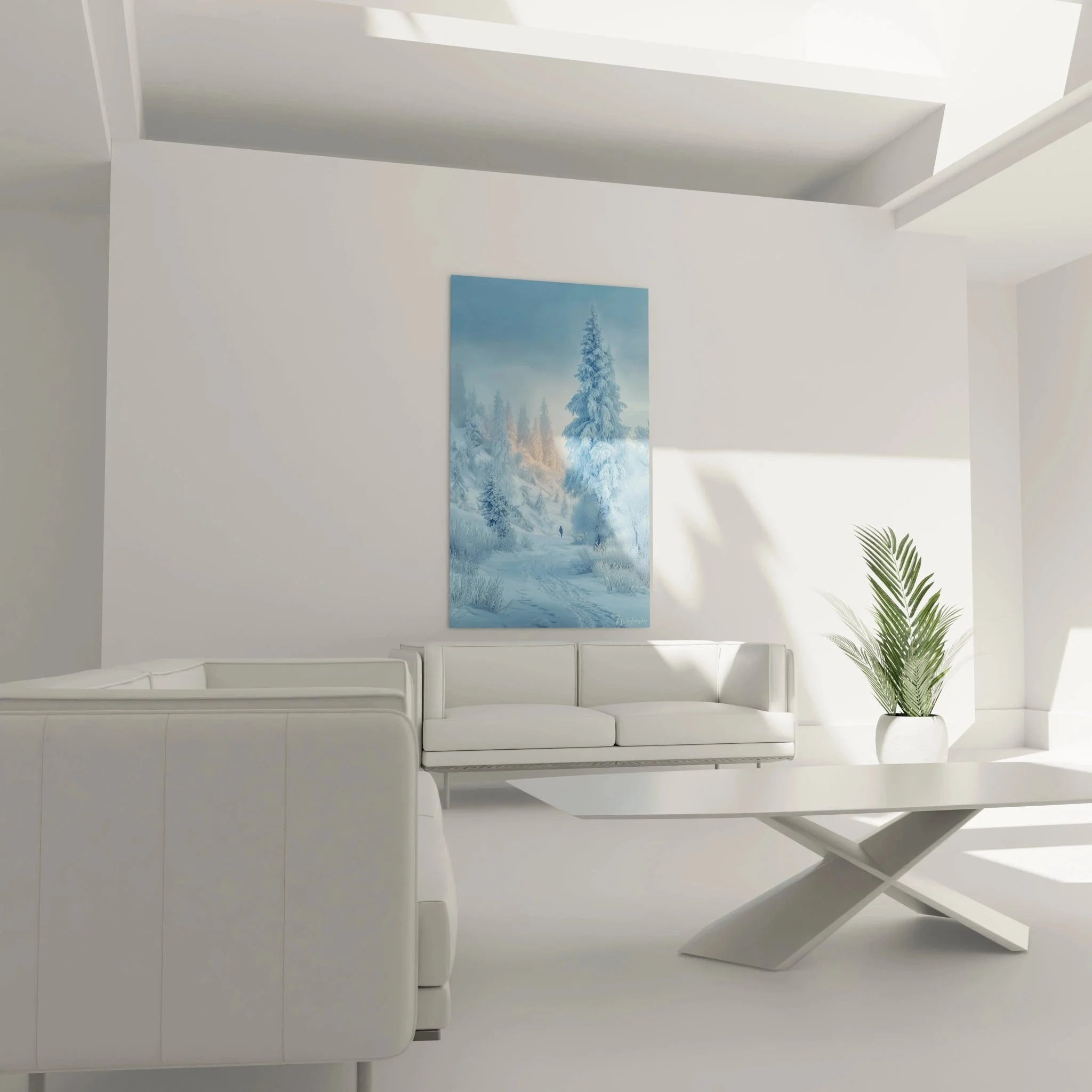 Nahaufnahme Wandbild Winterwald - Detailreiche Darstellung verschneiter Tannen und Schneelandschaft