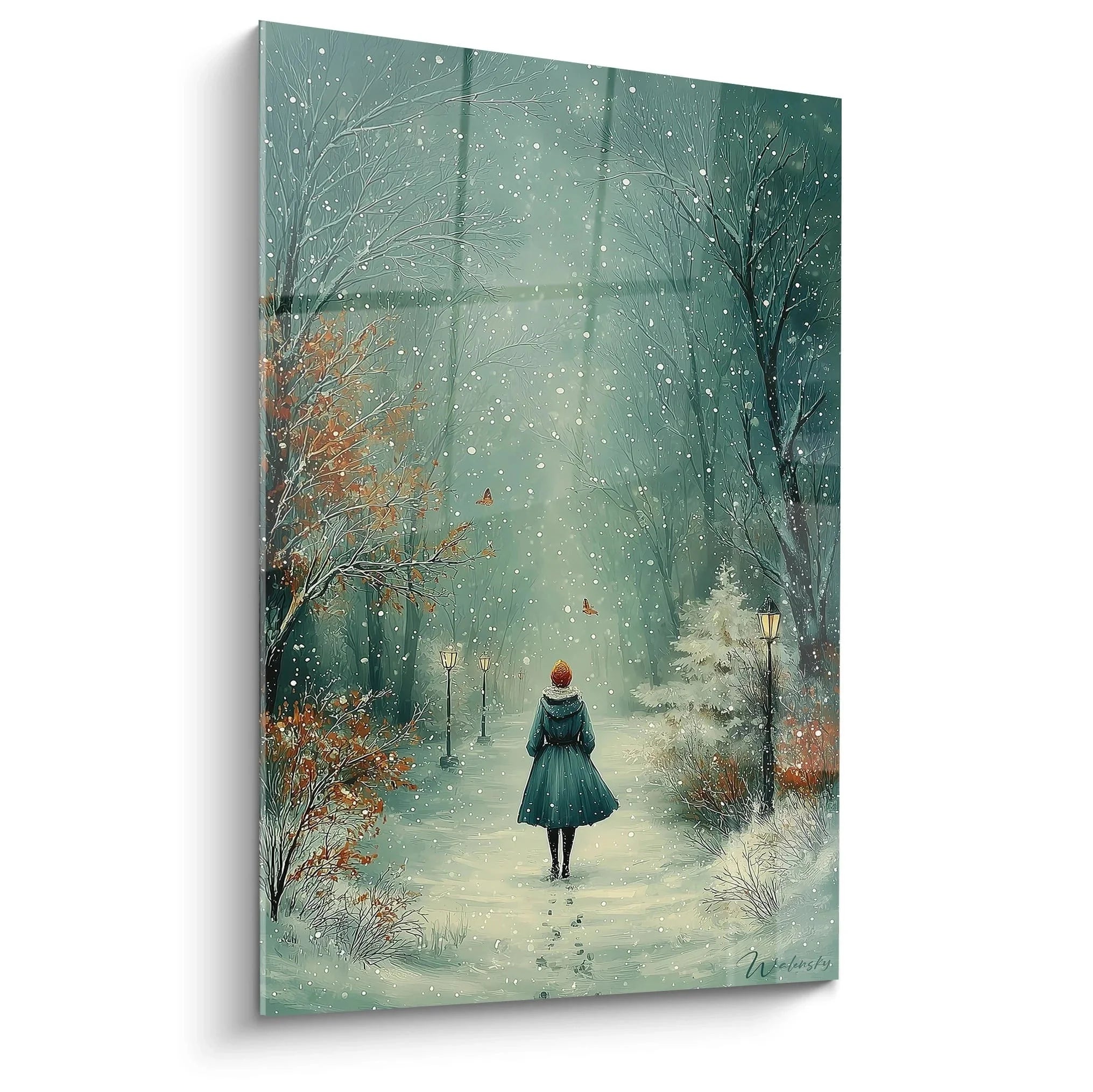 Wandbild Winterspaziergang mit einsamer Figur in verschneiter romantischer Allee bei Schneefall