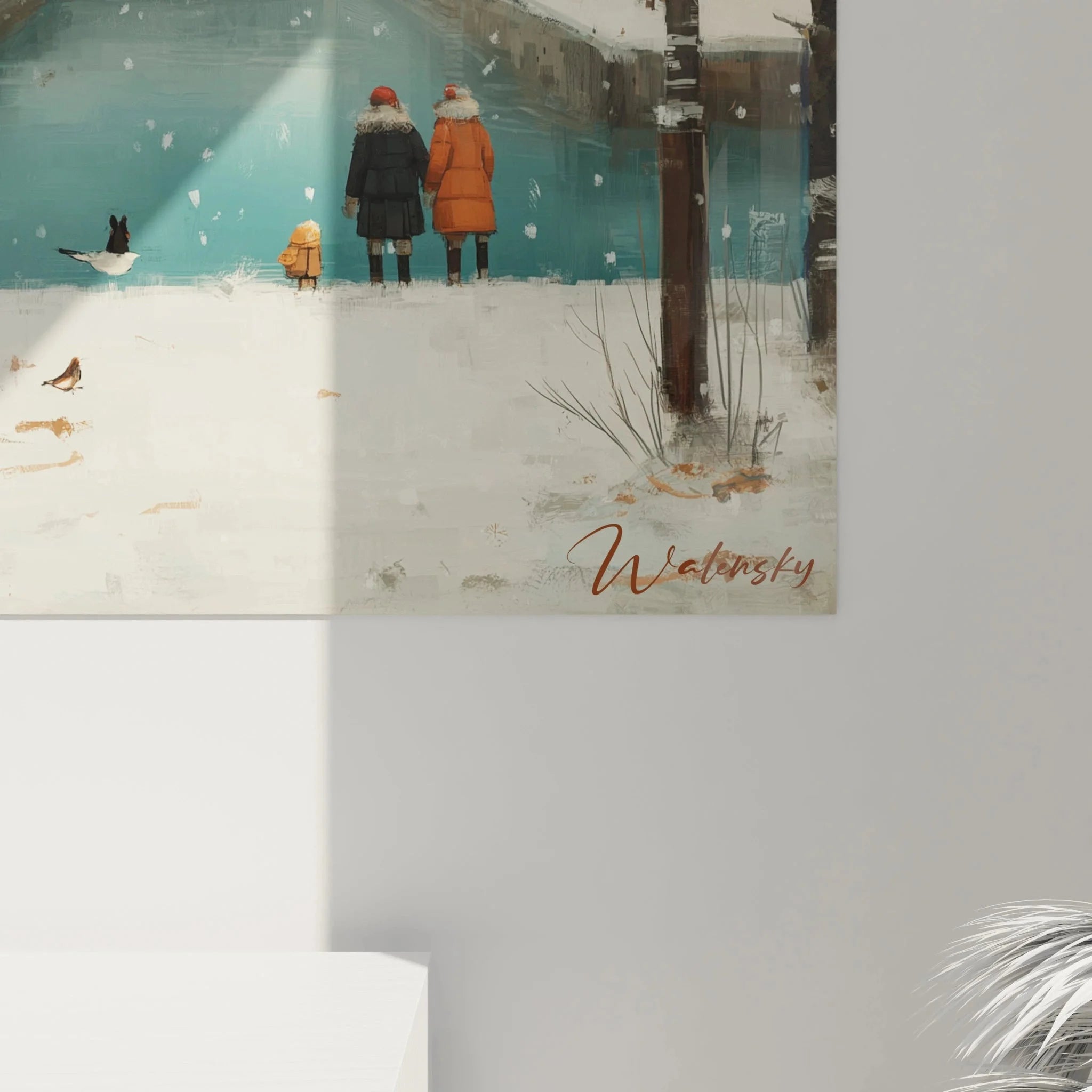 Gesamtansicht Wandbild Winter romantisch - verschneite Stadtlandschaft mit warmem Licht
