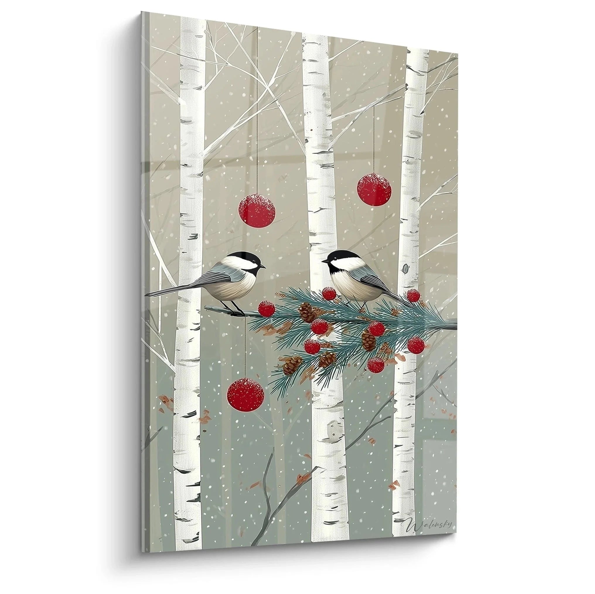 Wandbild Wintervögel zeigt zwei Meisen im verschneiten Birkenwald mit roten Weihnachtskugeln