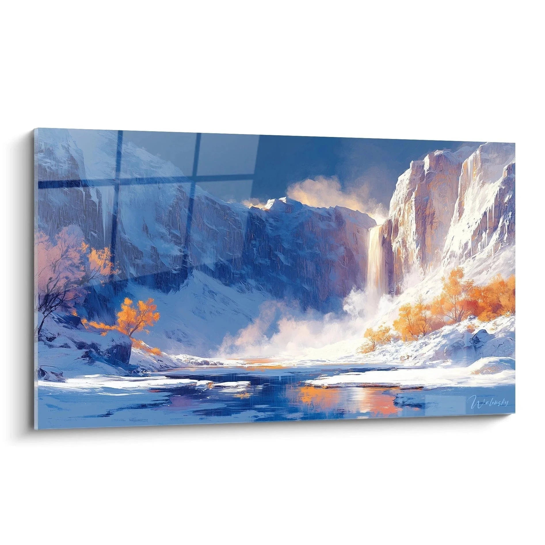 Wandbild Winterwasserfall arktische Berglandschaft mit gefrorenem See Edition Berg