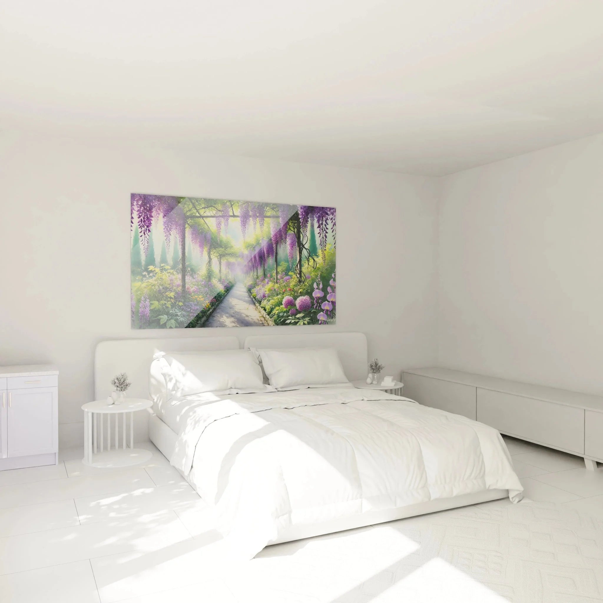 Wandbild Wisteria Frühlingsgartenweg als Wanddekoration im Schlafzimmer mit naturnaher Atmosphäre