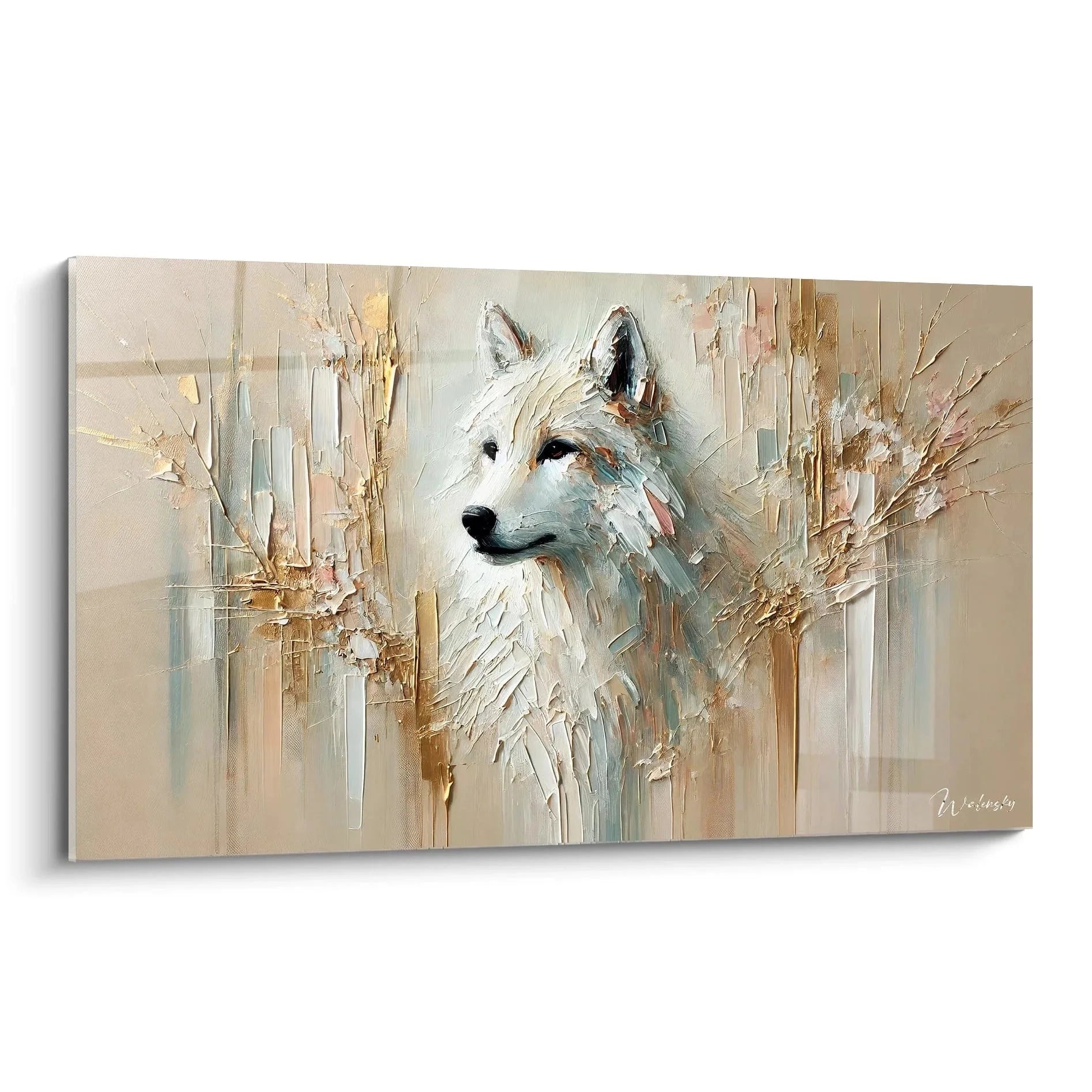 Wandbild Wolf abstrakt mit expressiver Maltechnik in Beige Gold Tönen - Edition Wolf moderne Wandkunst