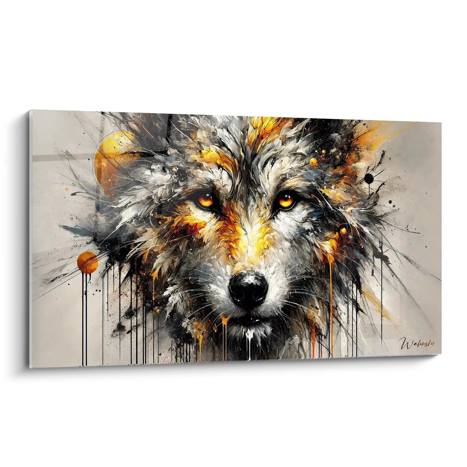 Wolf Wandbild in Aquarell-Technik mit goldenen Farbakzenten und intensiven bernsteinfarbenen Augen