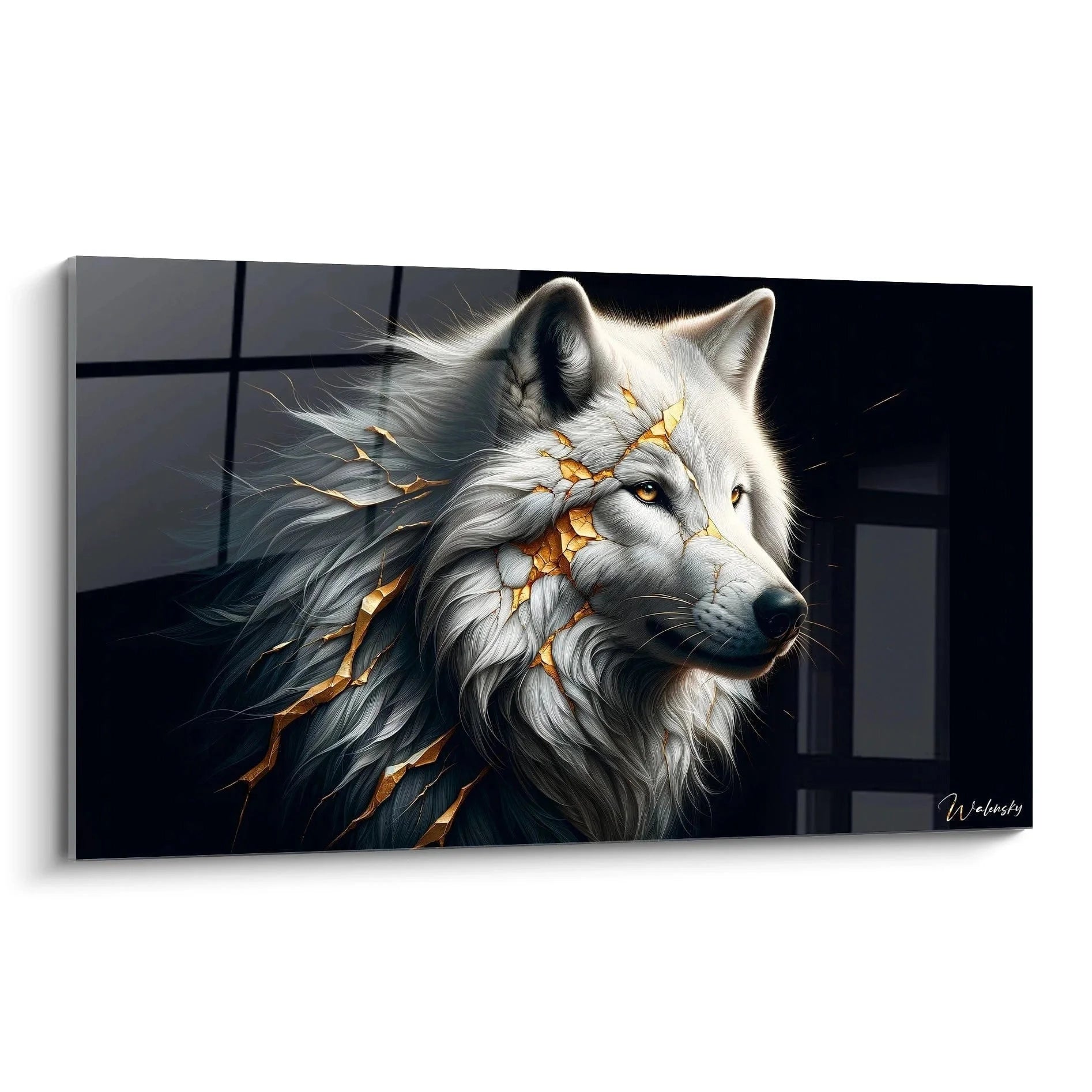 Wandbild Wolf mit goldenen Rissen - mystisches Design für moderne Wohnräume - Edition Wolf Premium Qualität