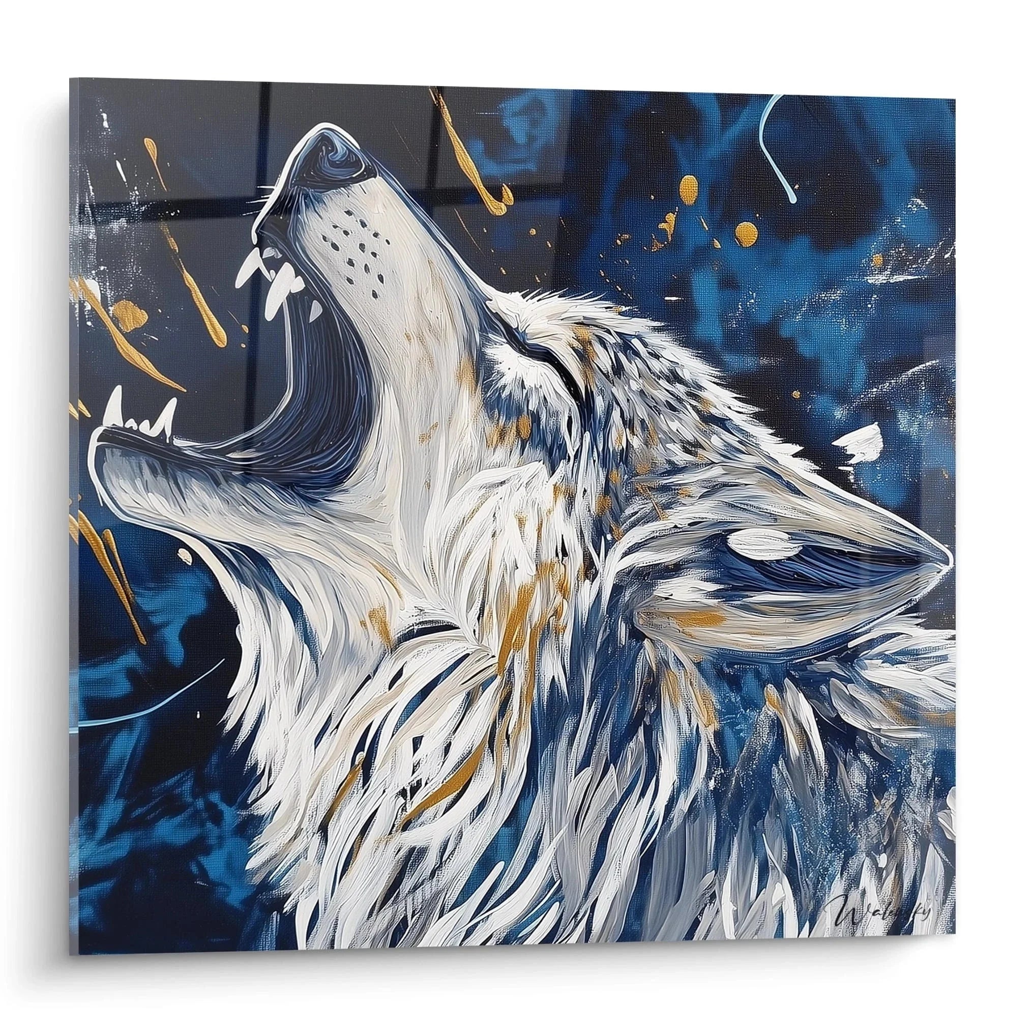 Wandbild Wolf Howling zeigt heulenden Wolf in Blau-Weiß mit goldenen Akzenten - Edition Wolf Kunstdruck