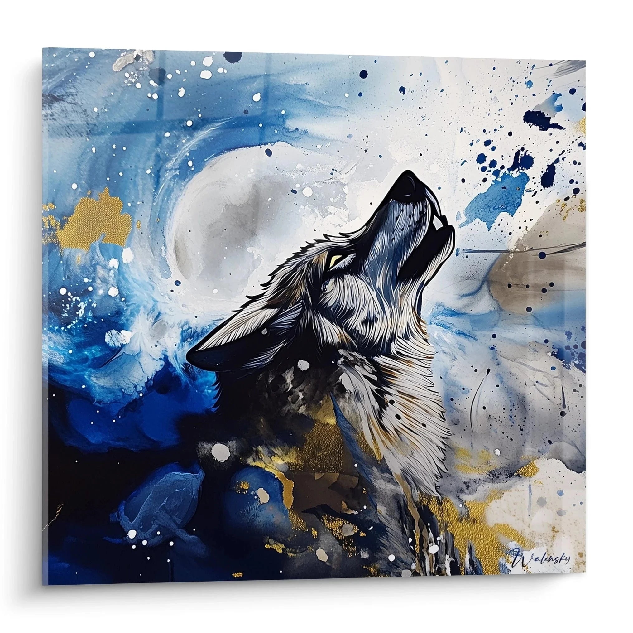 Abstraktes Wandbild Wolf mit Mondgeheul in blauen Aquarellfarben und Goldakzenten - Edition Wolf
