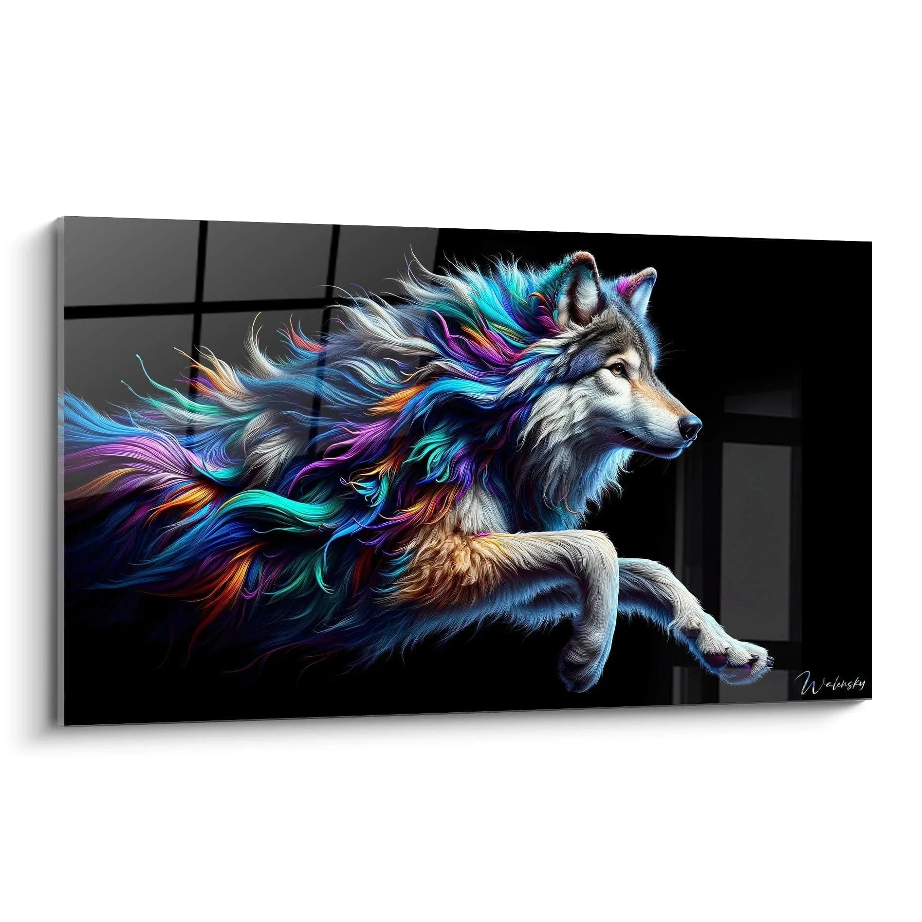 Wandbild Wolf mystisch mit bunter Regenbogenmähne auf schwarzem Hintergrund - Edition Wolf Kunstdruck