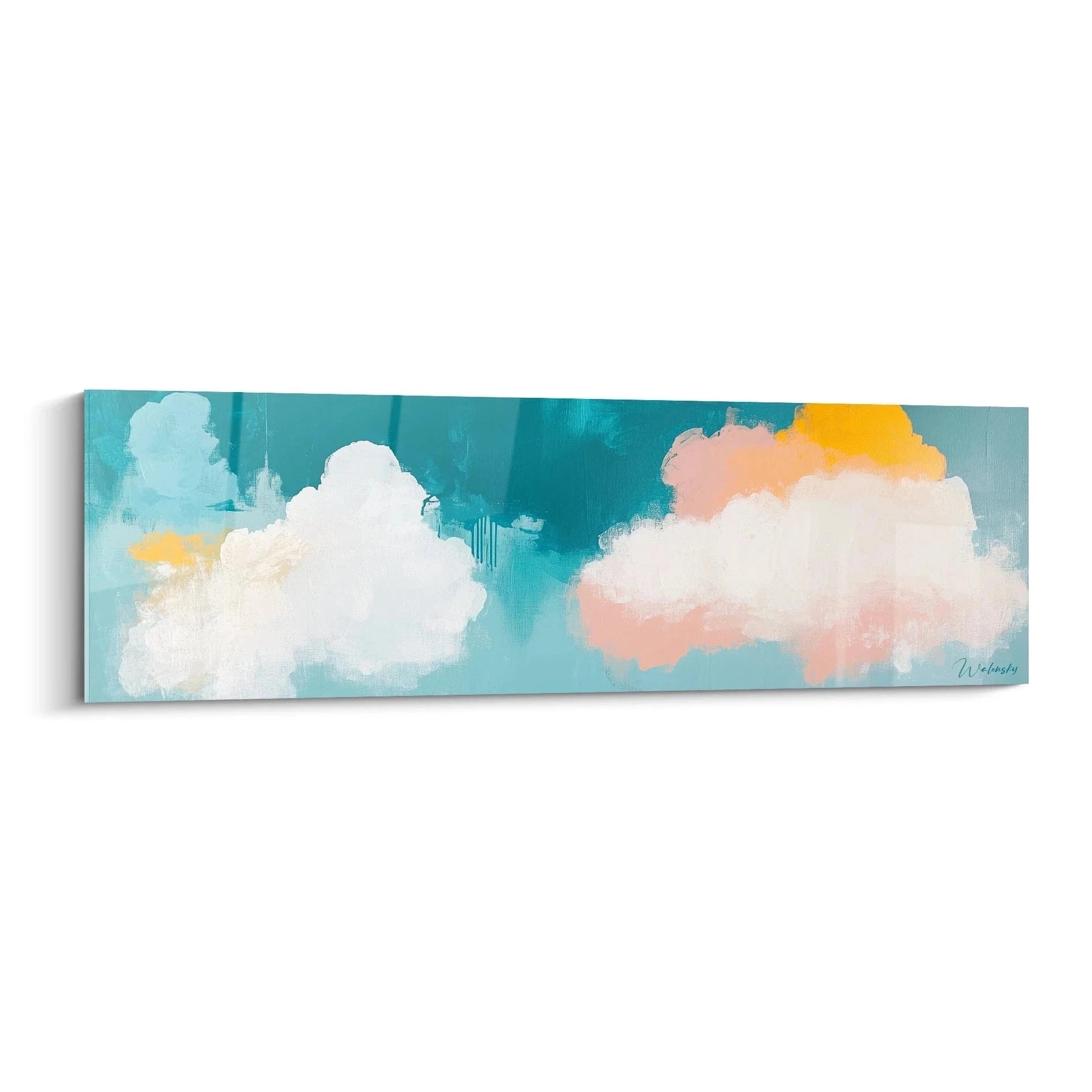 Wandbild Wolken in Malerei-Optik mit türkis-rosa Himmel und weißen Wolkenformationen