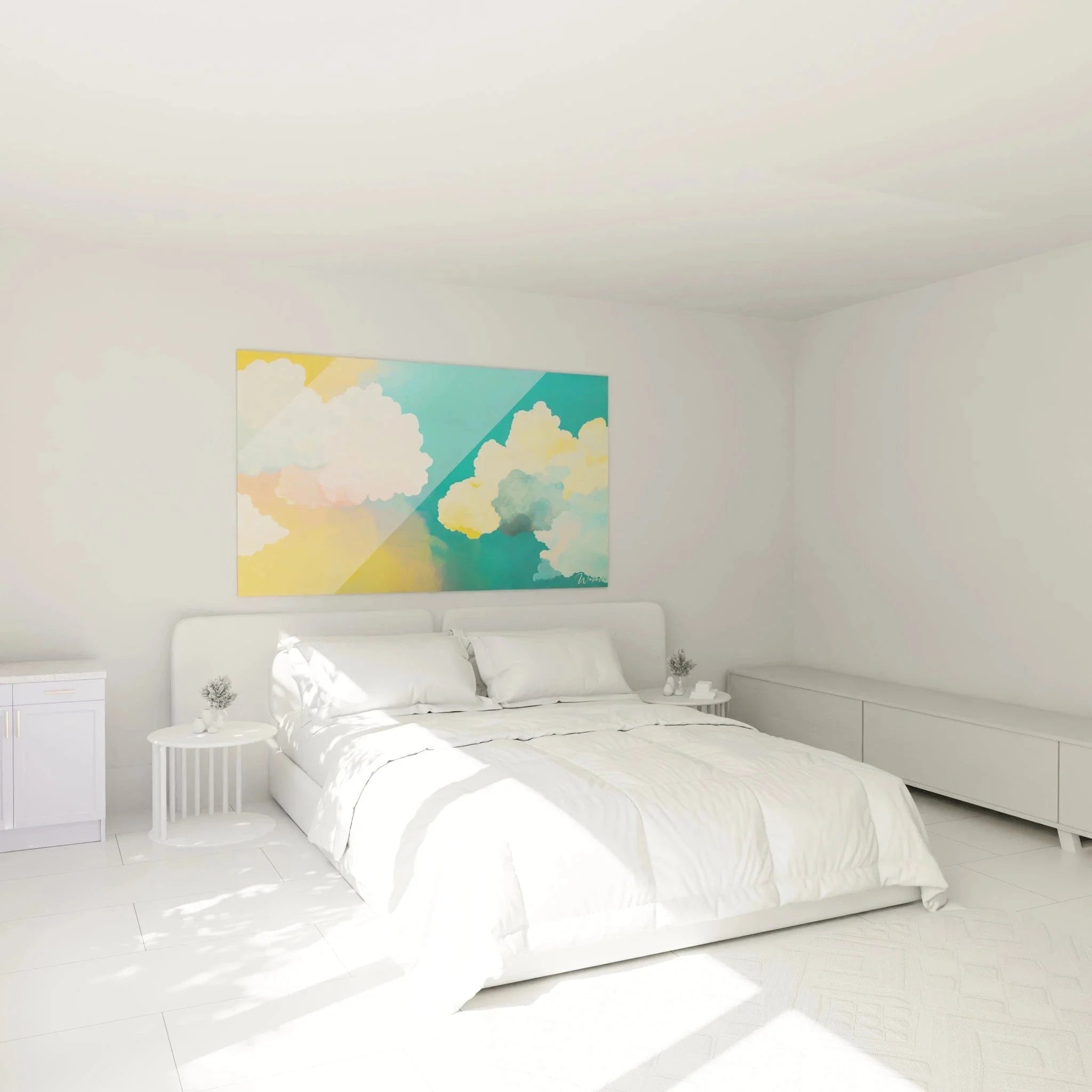 Wandbild abstrakte Wolken im Schlafzimmer, expressionistische Kunst als Wanddekoration