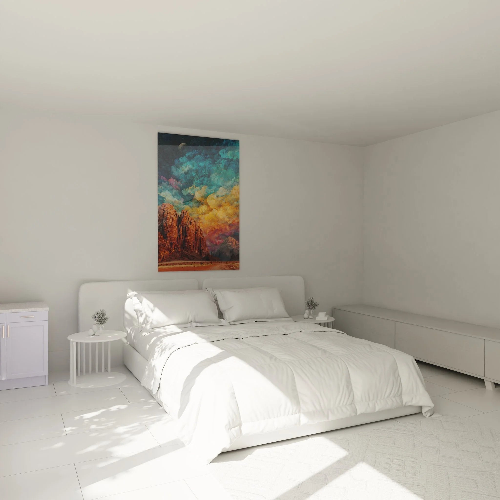 Wandbild Wüstenlandschaft im Schlafzimmer - mystische Felsen Wanddeko XXL für moderne Schlafzimmergestaltung