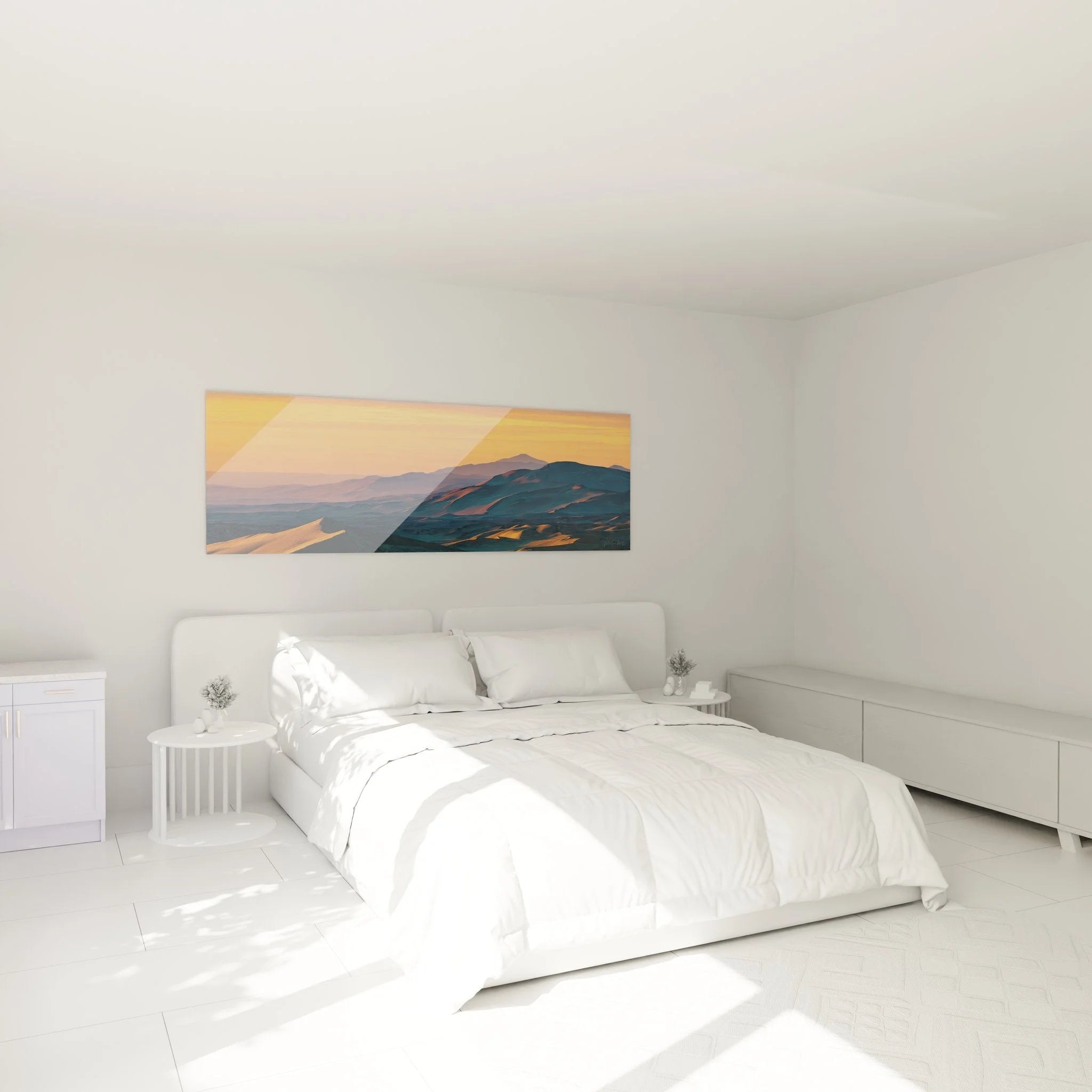 Wandbild Wüstenlandschaft in modernem Schlafzimmer als stilvolle Wanddekoration über dem Bett
