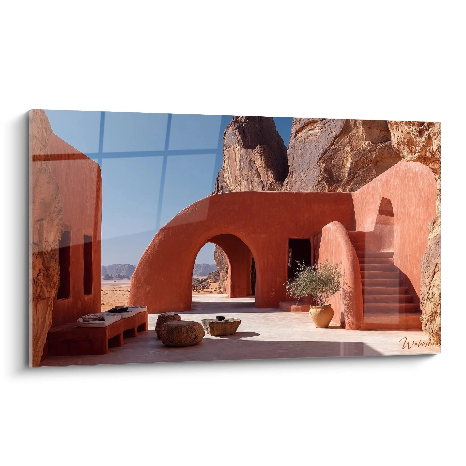 Wandbild Wüstenarchitektur Terra Cotta mit organischen Bögen und traditionellen Keramikgefäßen in Felslandschaft