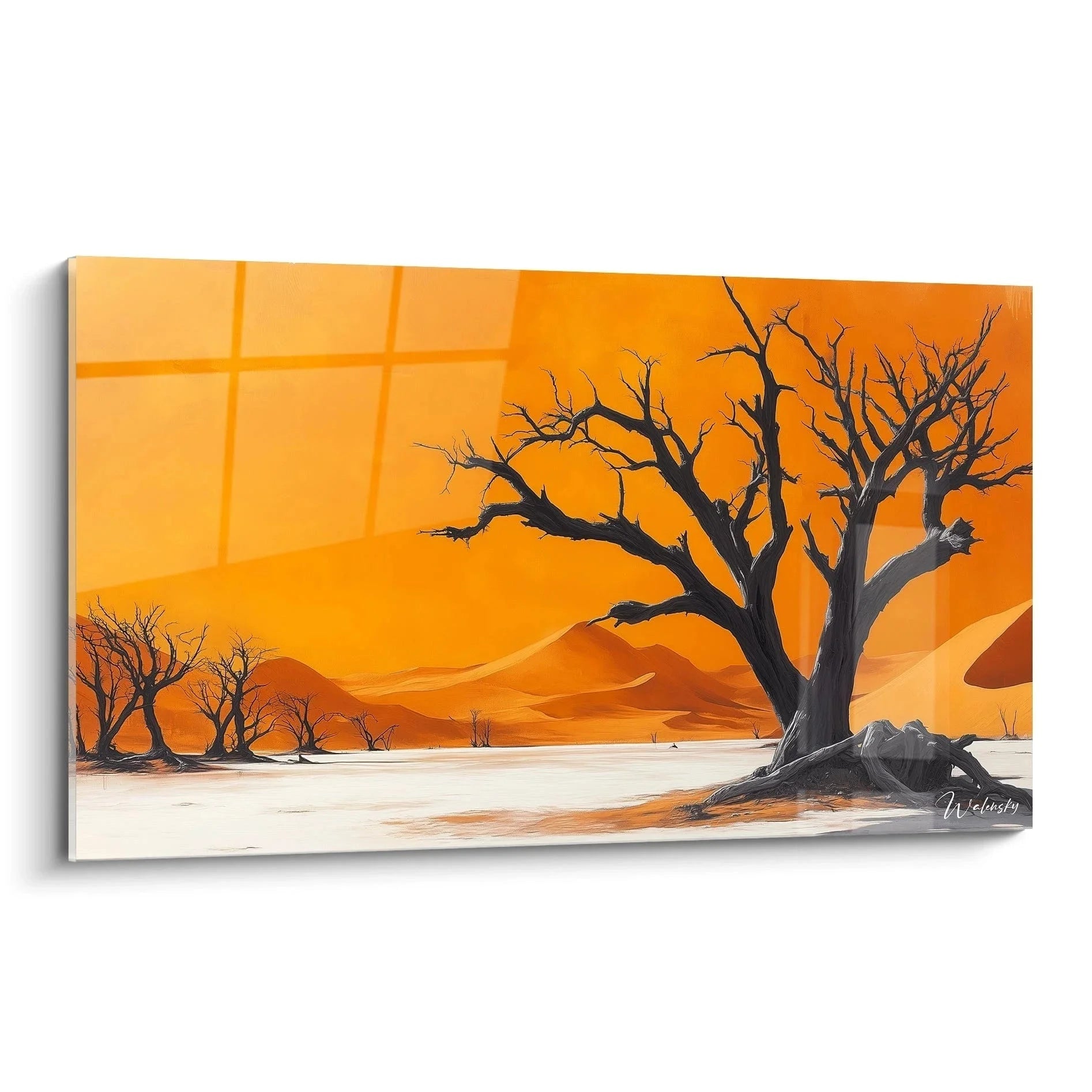 Wandbild Wüstenbäume bei orange Sonnenuntergang mit abgestorbenen Kameldornbäumen in Deadvlei Wüstenlandschaft