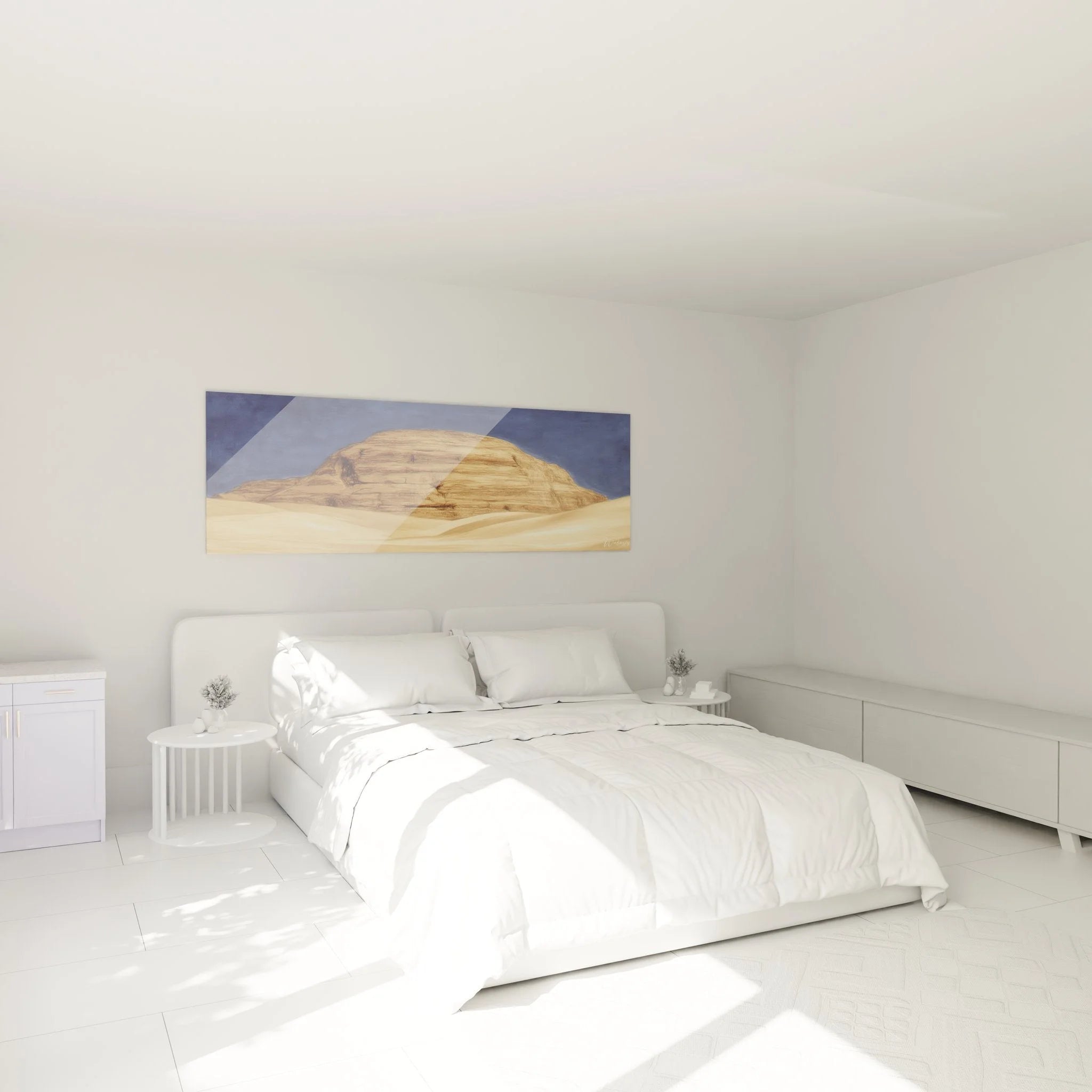 Wandbild Wüstenberg Sandstein im modernen Schlafzimmer - Wüstenlandschaft als stilvolle Wanddekoration