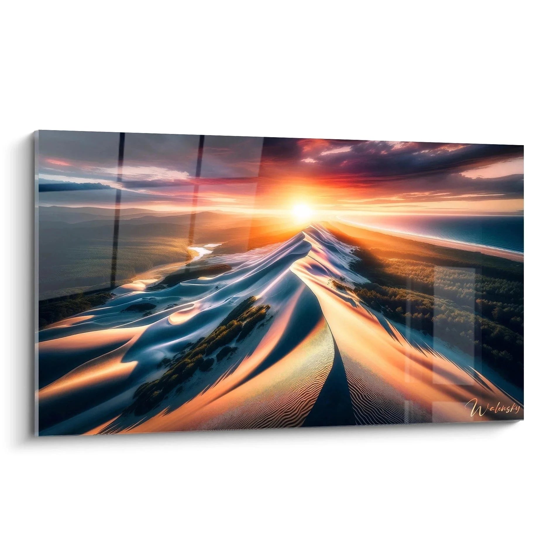 Wandbild Wüstendünen Sonnenaufgang mit goldenen Sanddünen und dramatischem Himmel - Edition Wüste