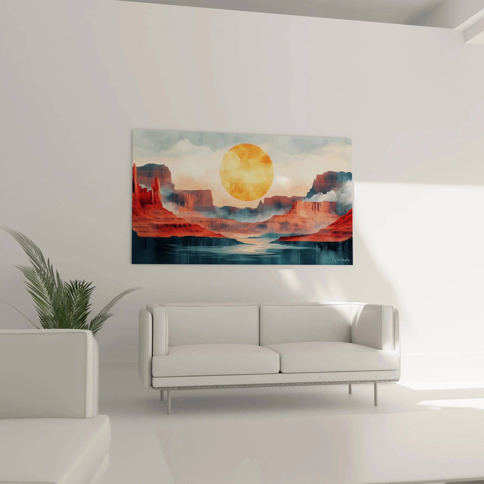 Detailansicht Wandbild Wüstenlandschaft mit orangefarbener Sonne und roten Felsen