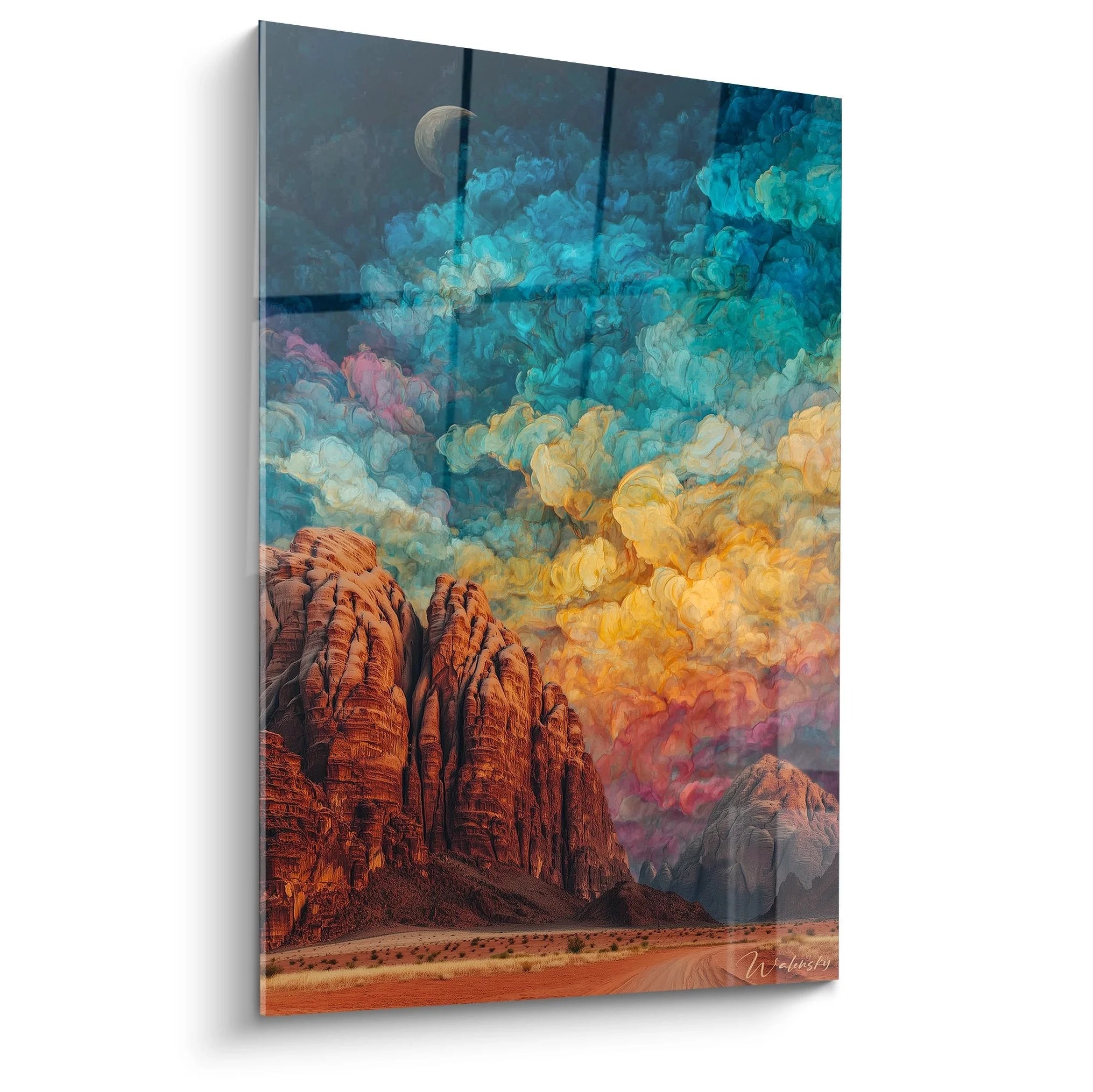 Wandbild Wüstenlandschaft mit roten Felsformationen und bunten Wolken unter Mondschein - Edition Wüste XXL Leinwandbild