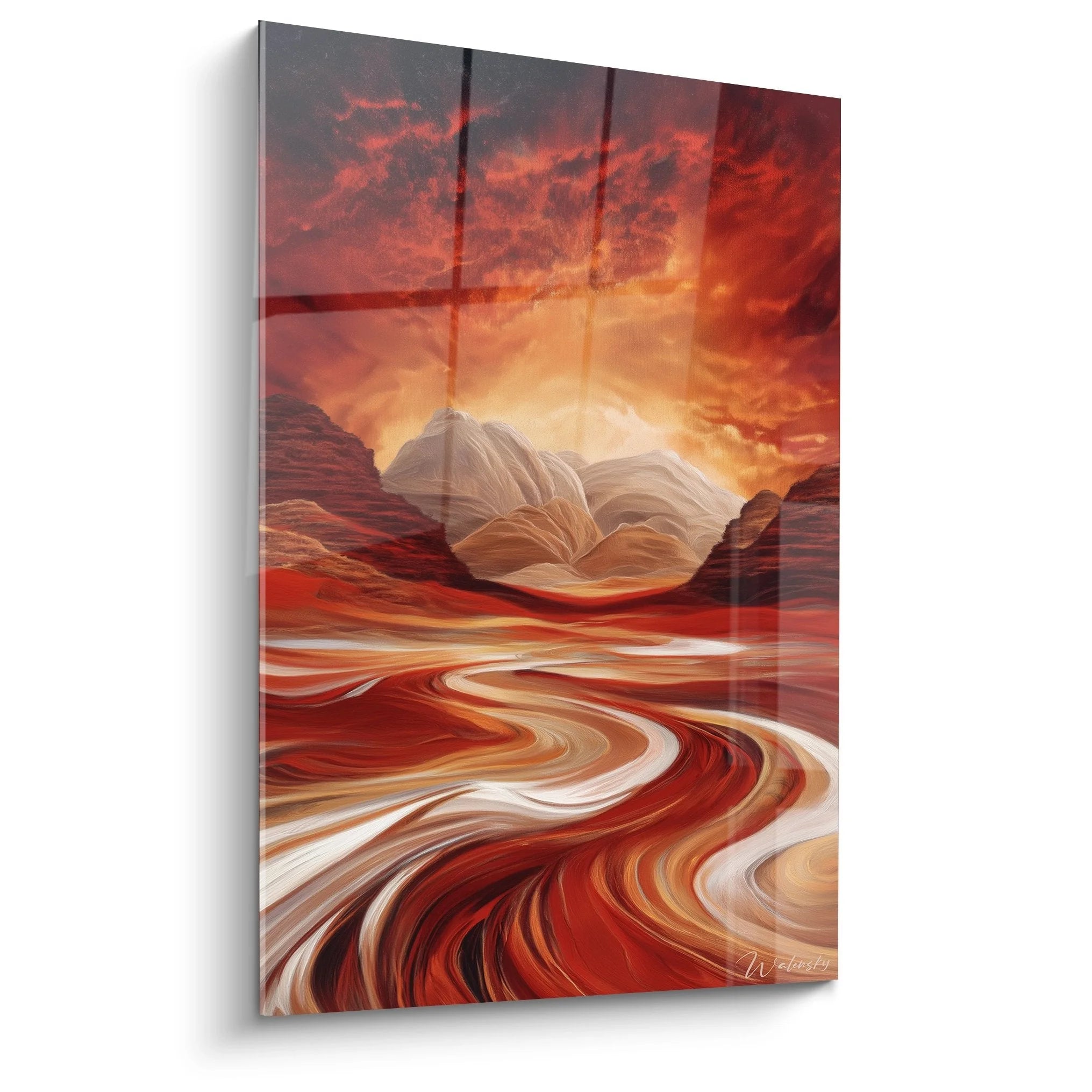 Wandbild Wüstenlandschaft mit dramatischem Feuerhimmel und Sandsteinformationen - Edition Wüste Premium Kunstdruck