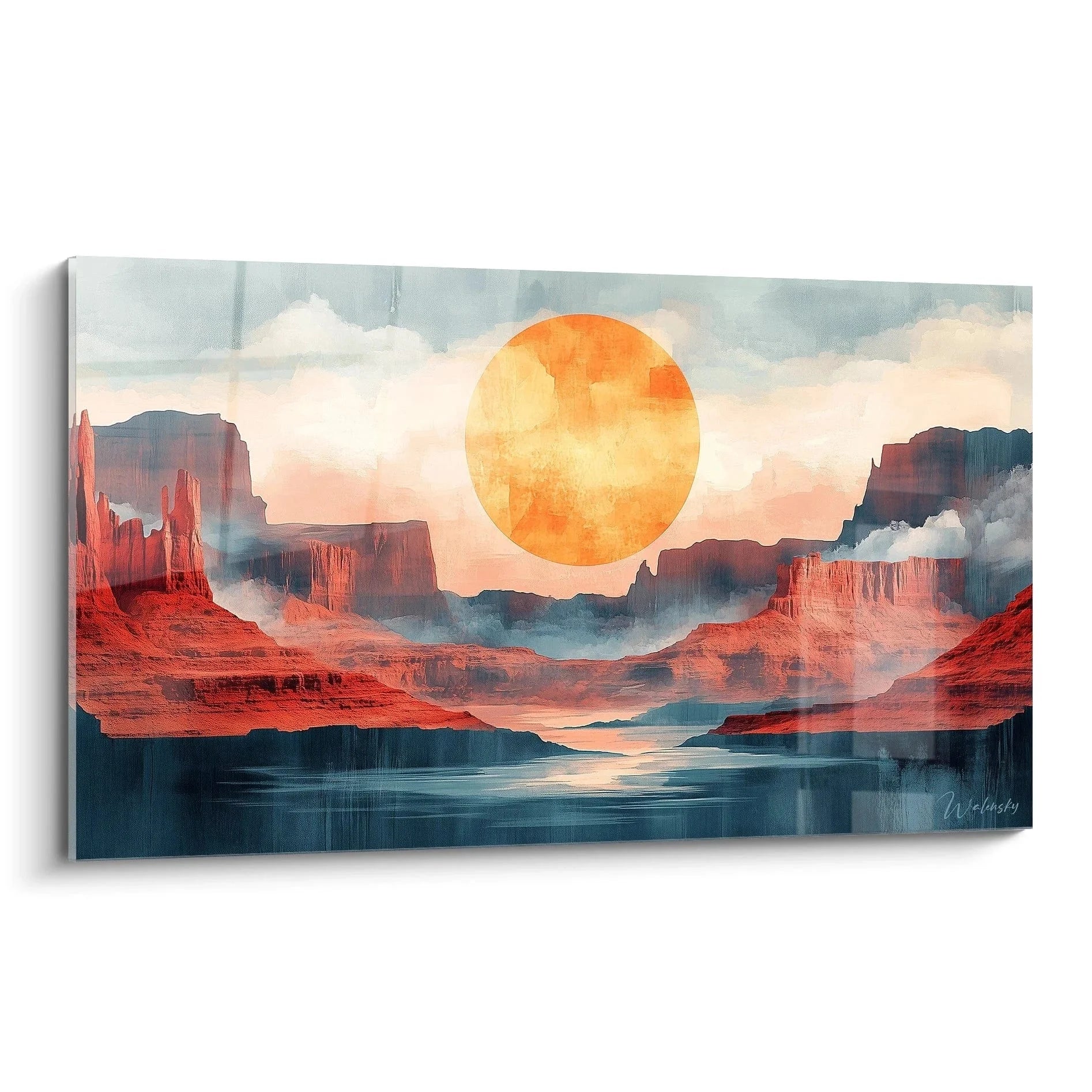 Wandbild Wüstenlandschaft mit mystischem Sonnenaufgang über rotem Canyon und Nebel