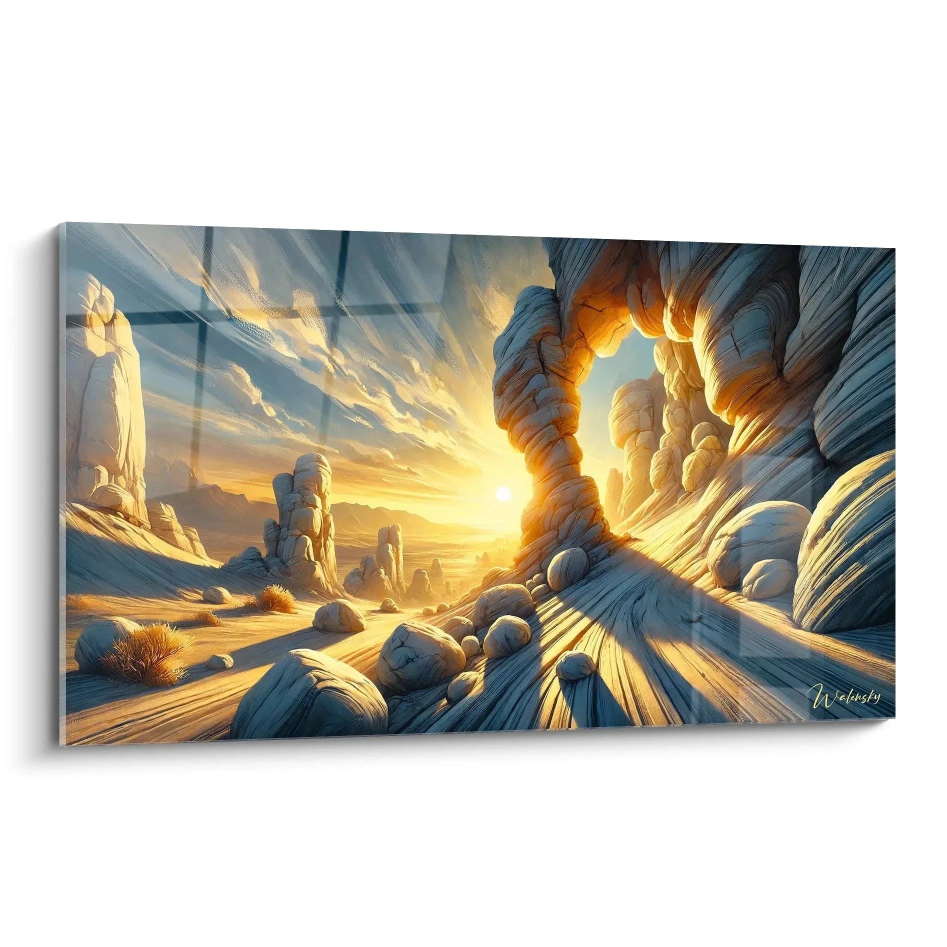 Wandbild Wüstenlandschaft mit spiralförmigen Felsformationen im goldenen Sonnenuntergang, dramatische Naturkunst