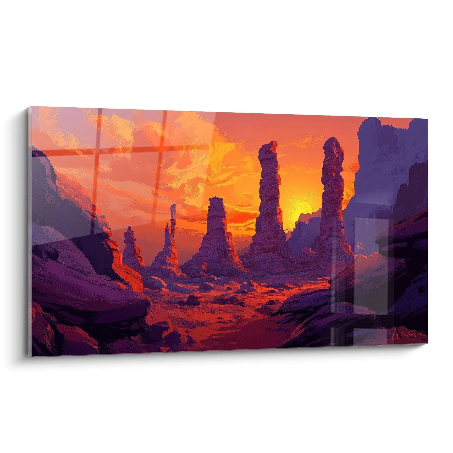 Wandbild Wüstenlandschaft mit dramatischen Felsformationen bei Sonnenuntergang in warmen Orange- und Rottönen