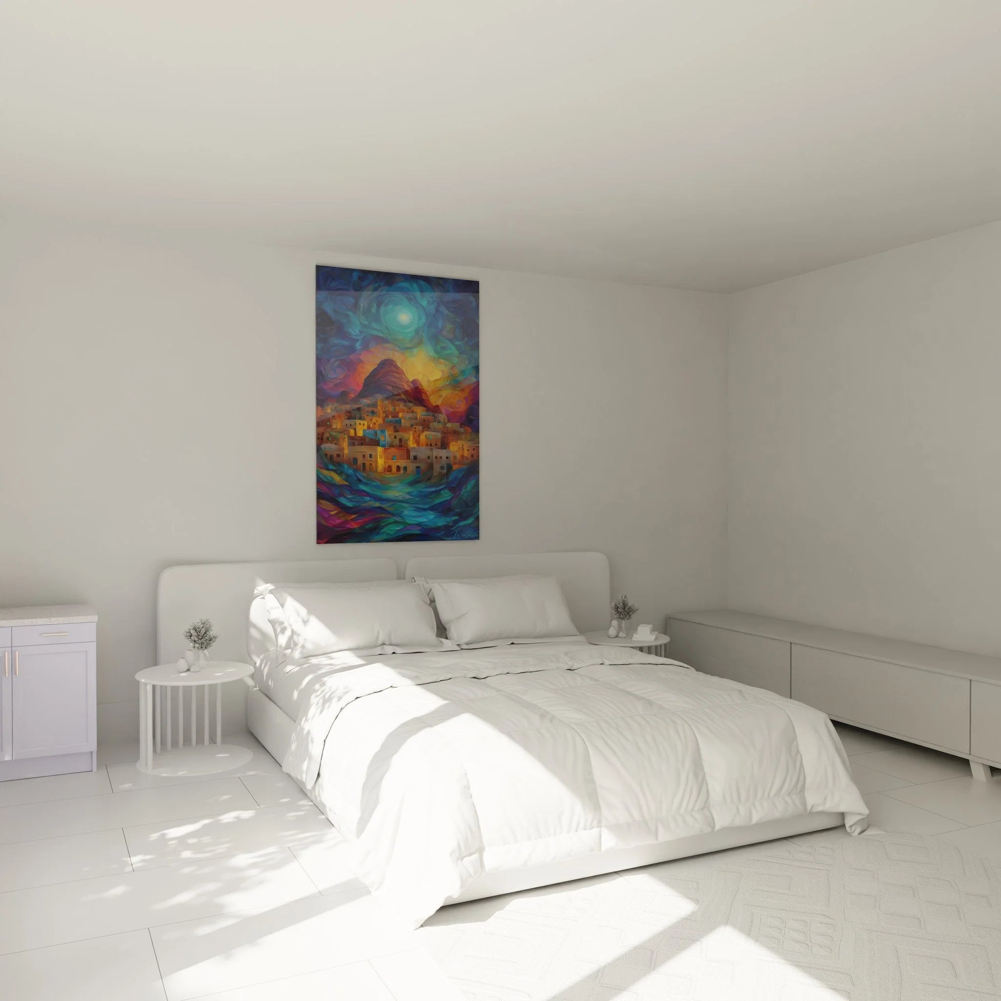 Wandbild Wüstenstadt in Schlafzimmer Ambiente mit warmen Farbtönen und orientalischer Atmosphäre