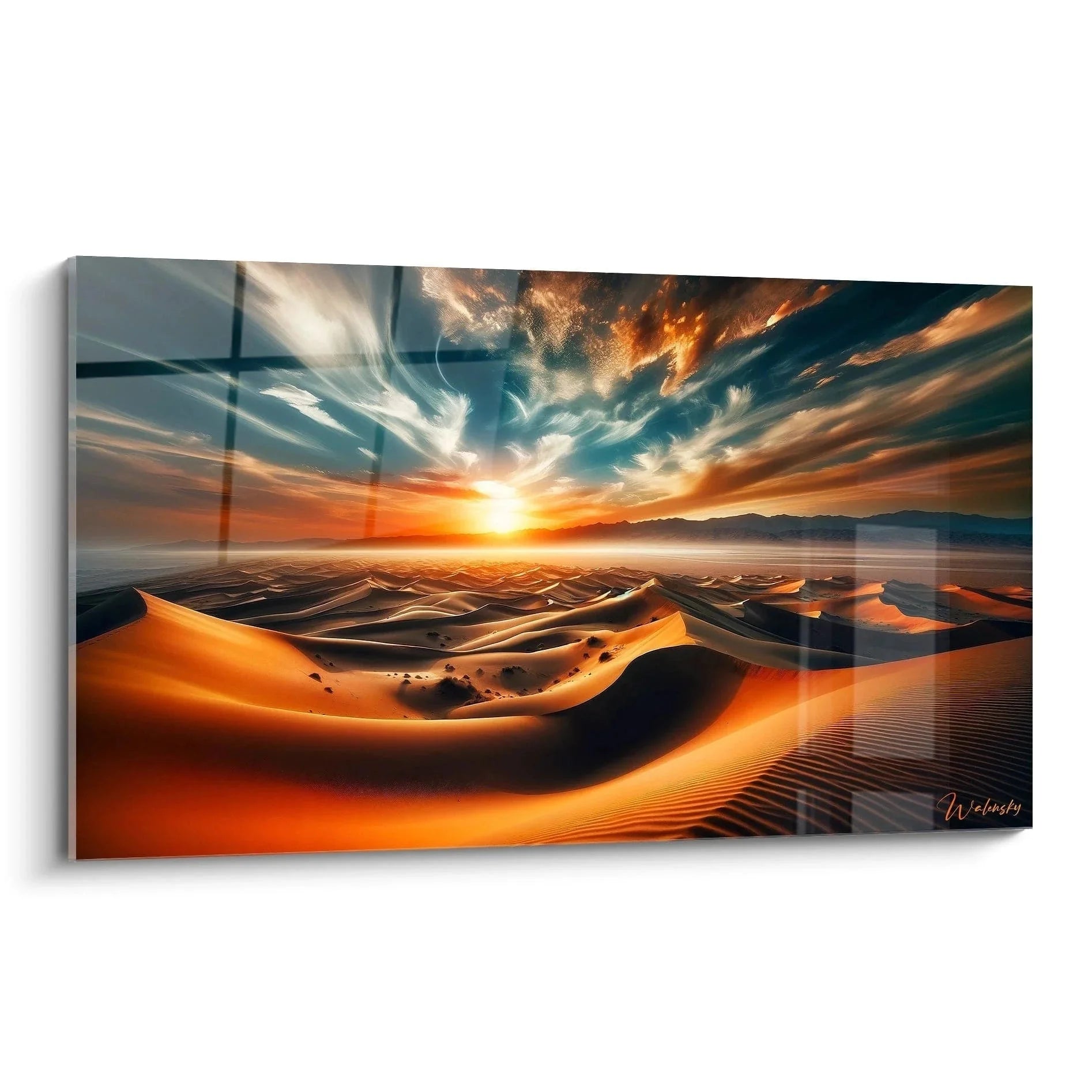 Wandbild Wüstensturm mit dramatischen Sanddünen im Sonnenuntergang, moderne Wüstenlandschaft Kunstdruck