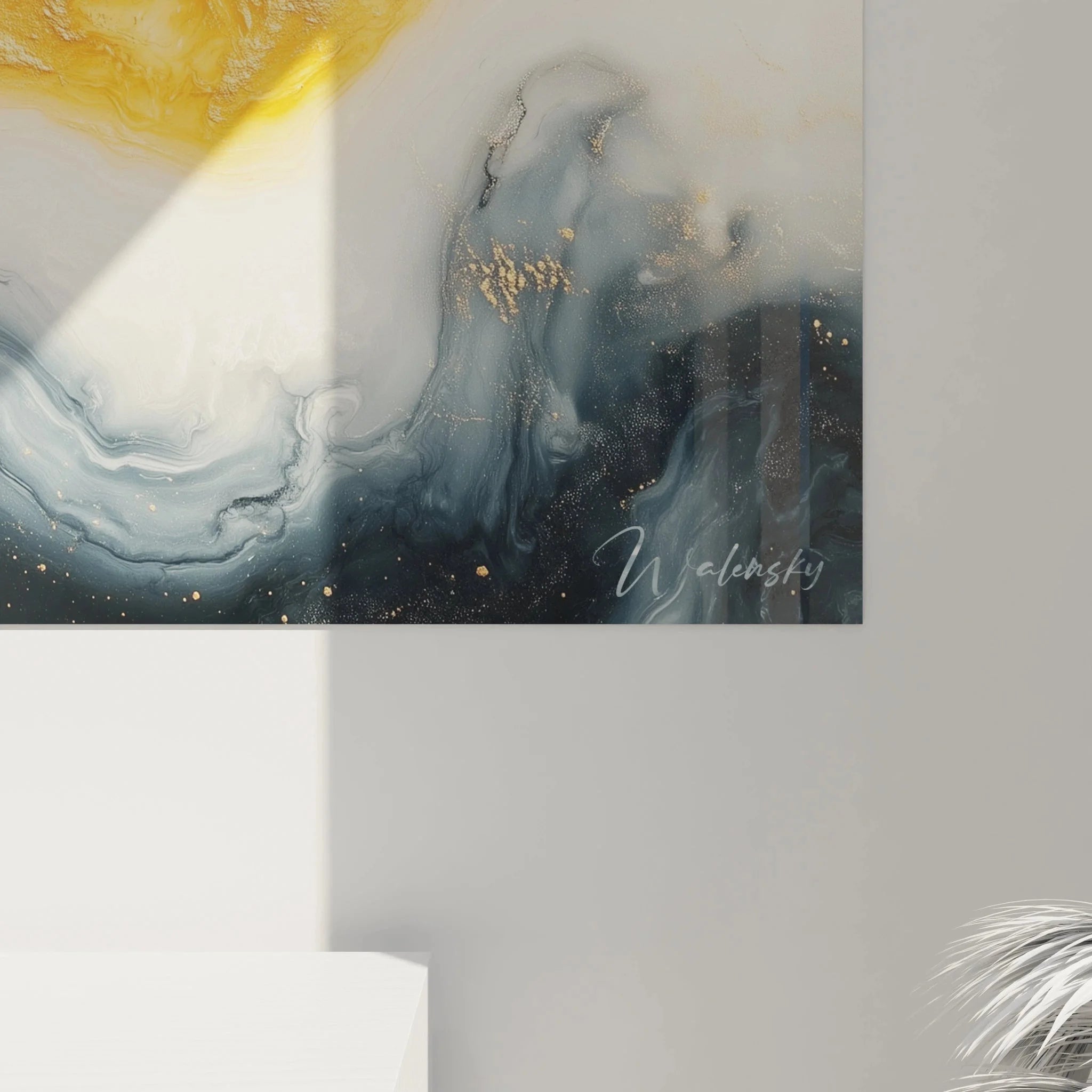 Gesamtansicht abstraktes Wandbild XXL, fließende Formen in Gold-Schwarz Malerei-Optik