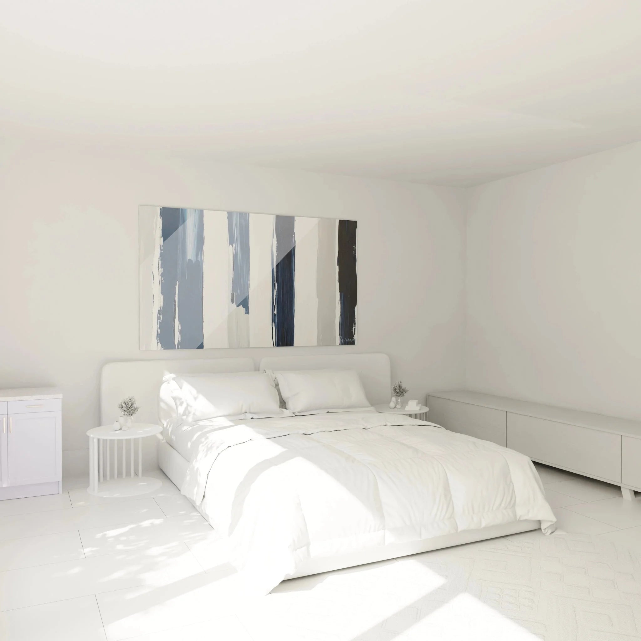 Wandbild XXL abstrakte Streifen im Schlafzimmer, blaue Wanddekoration über dem Bett