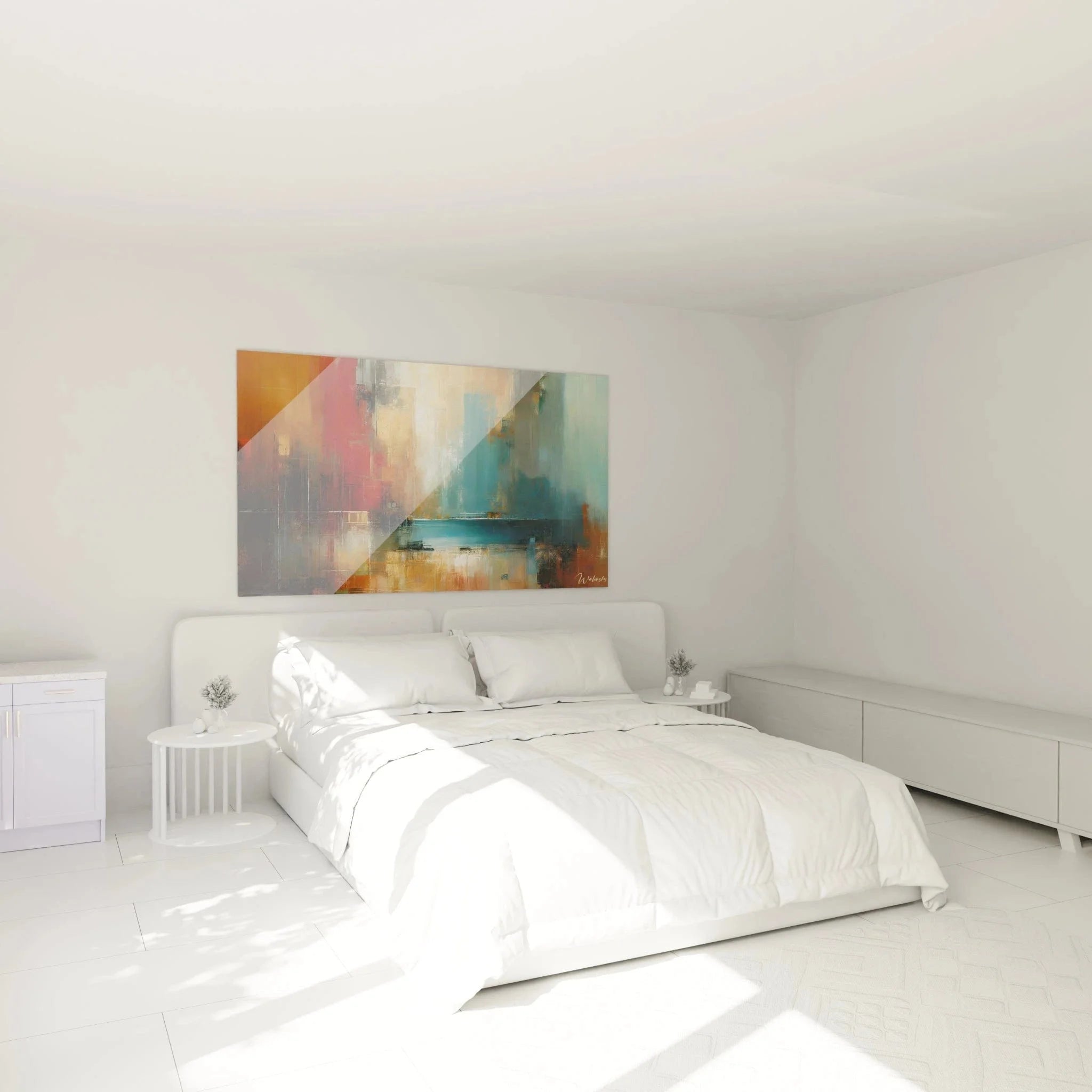 Wandbild XXL abstrakte expressionistische Kunst in modernem Schlafzimmer mit warmen und kühlen Farbnuancen