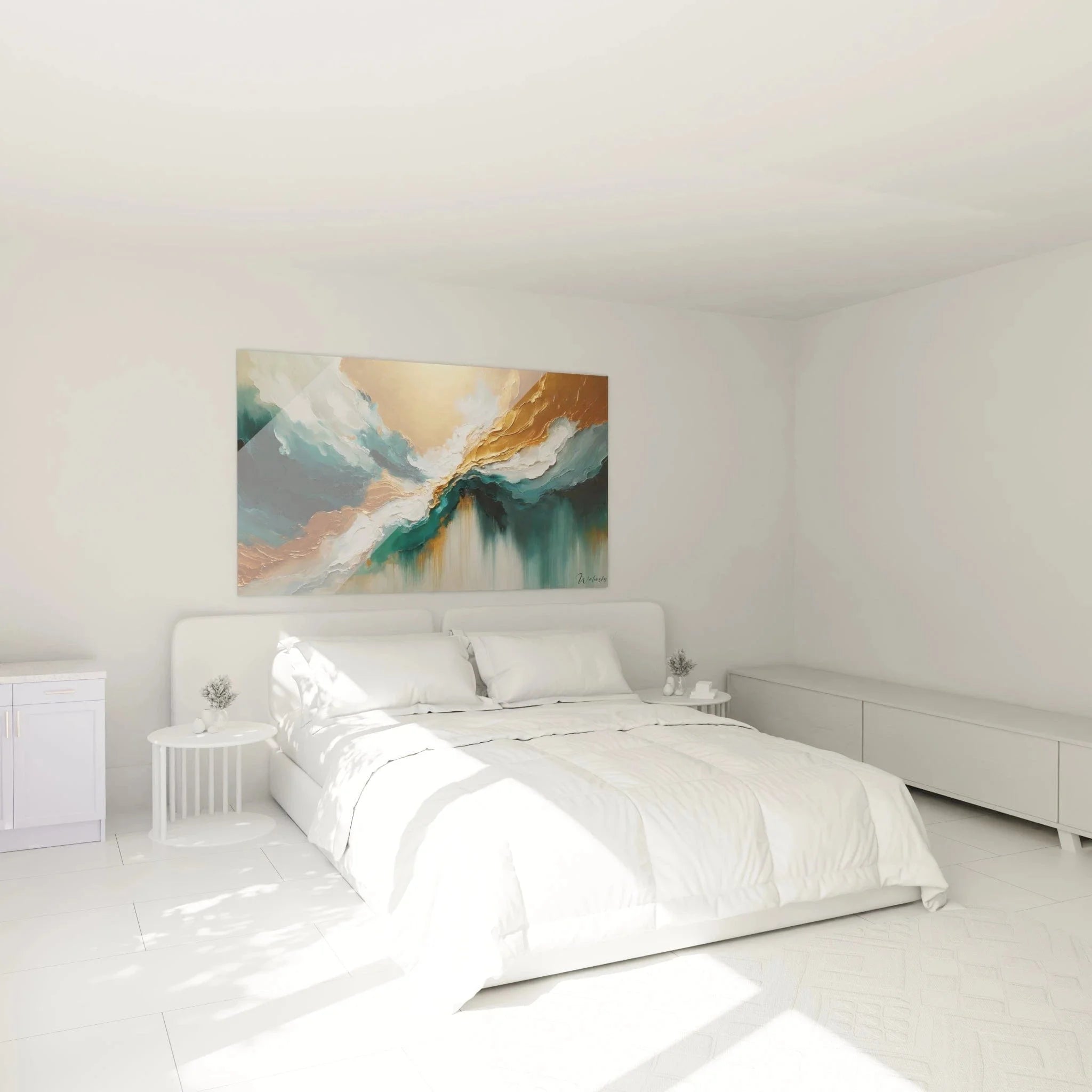 Wandbild XXL abstrakt Schlafzimmer Goldtöne Türkis expressionistische Landschaftskunst Ambiente