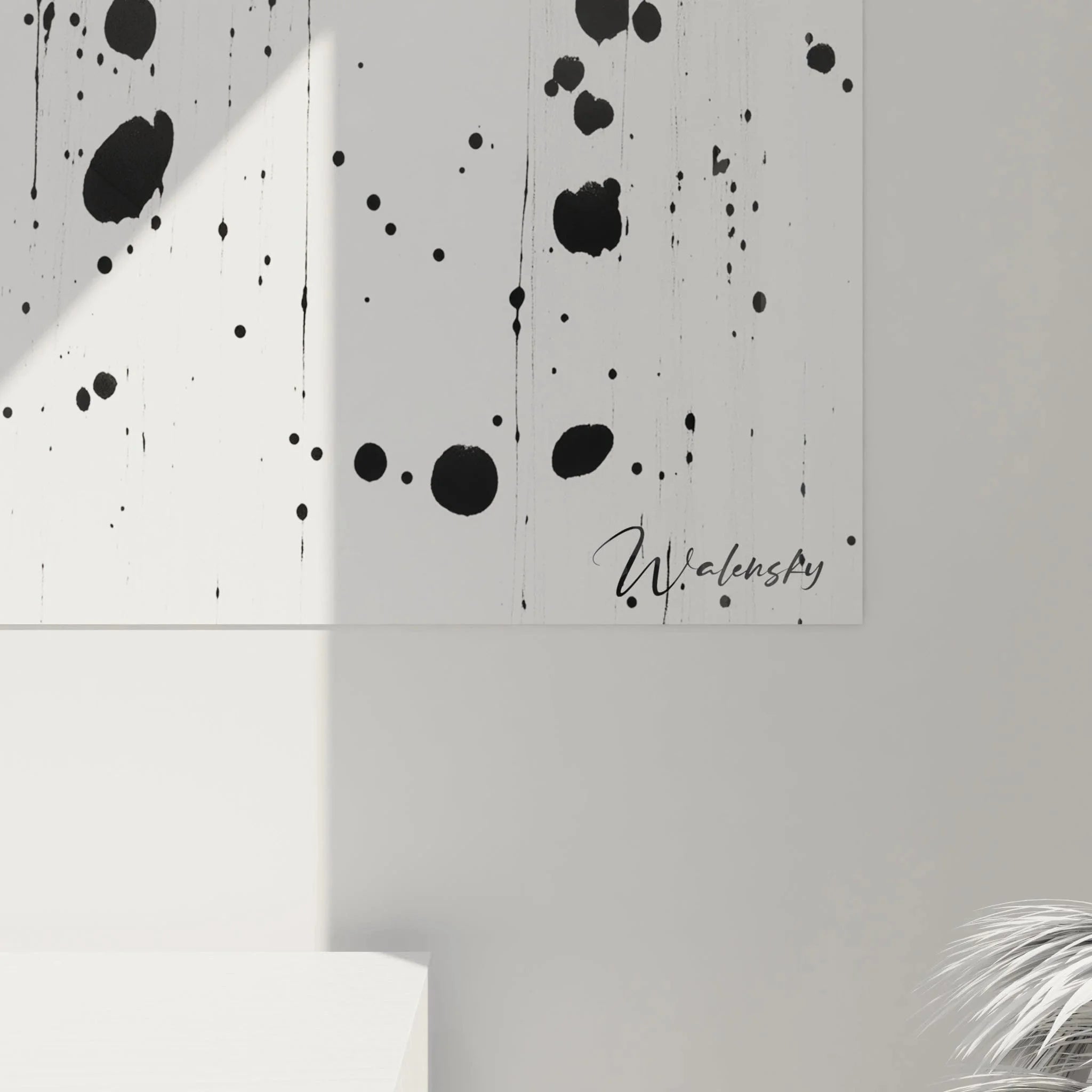 Gesamtansicht modernes Wandbild XXL abstrakte Tintenspritzer im dalmatinischen Stil schwarz-weiß