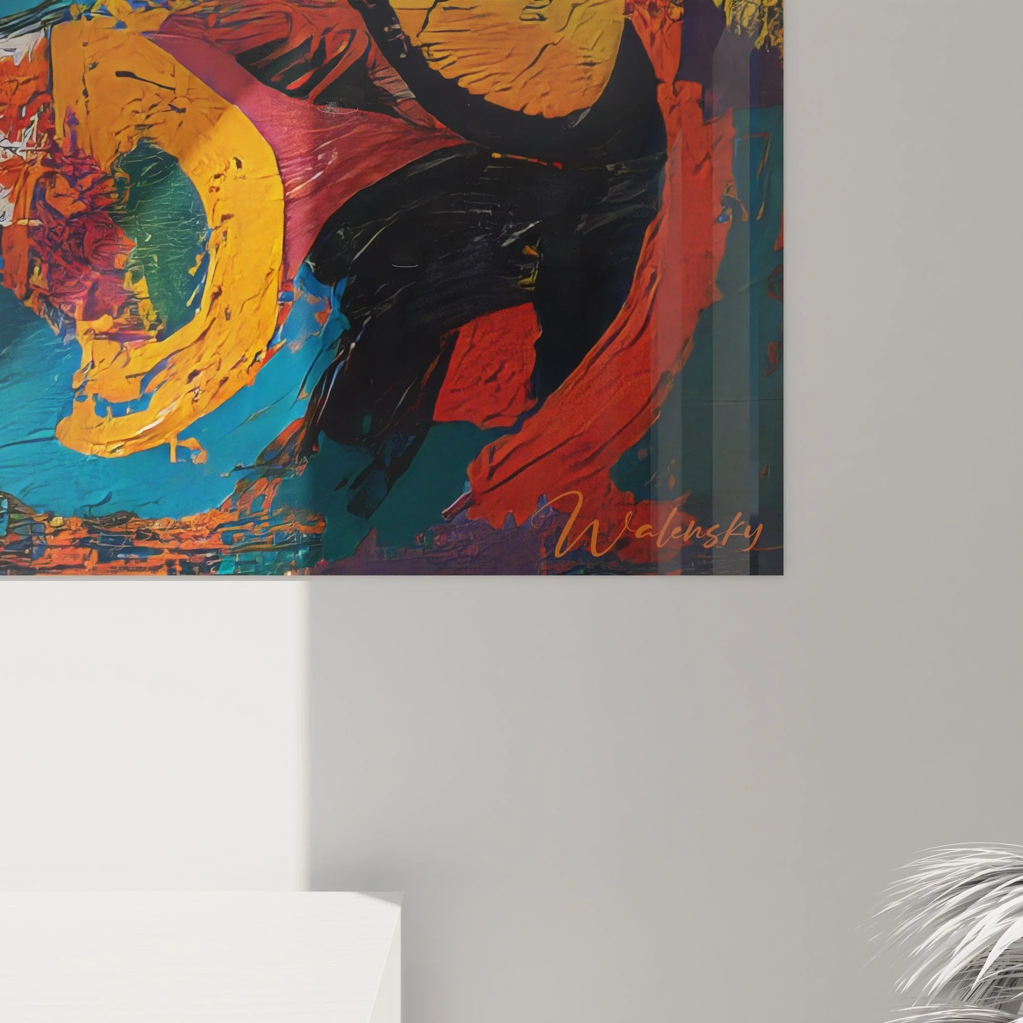 Gesamtansicht abstraktes Wandbild XXL mit dynamischer Farbkomposition und modernem Design