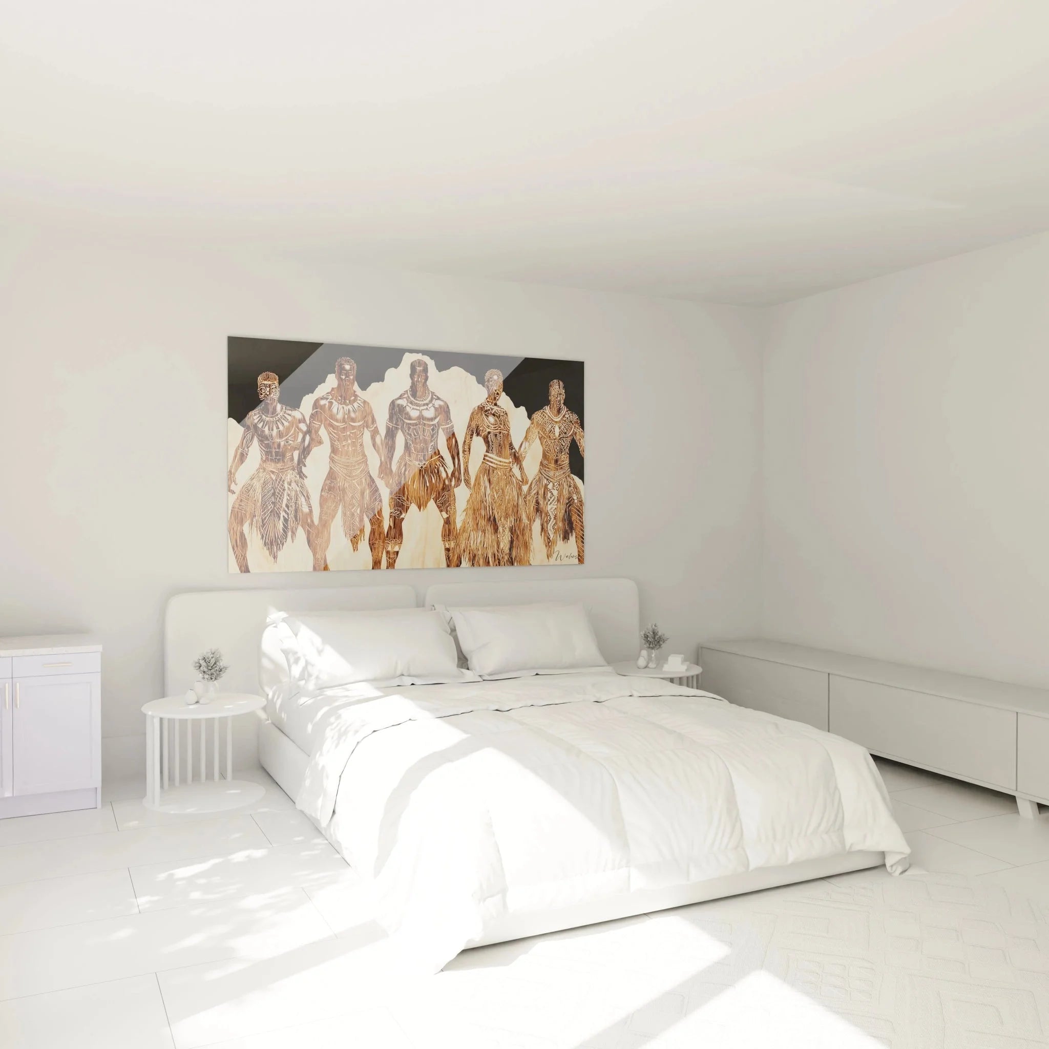 Wandbild XXL Afrikanische Motive mit fünf Kriegern als stilvolle Wanddekoration im Schlafzimmer