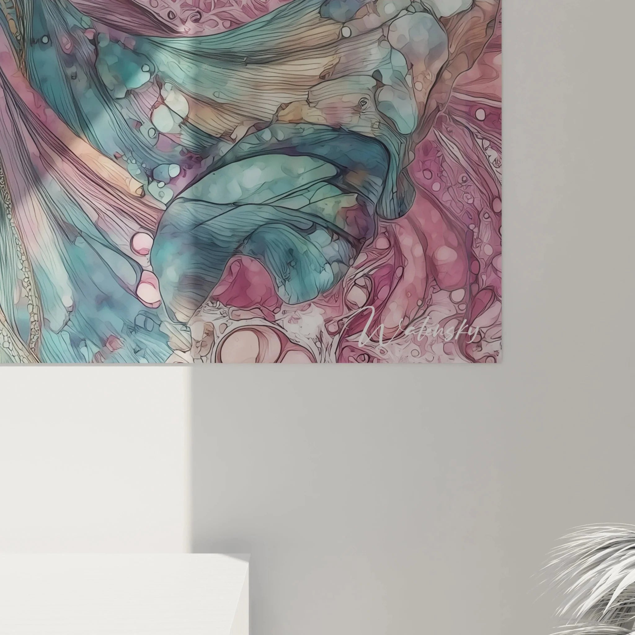 Gesamtansicht Wandbild XXL afrikanische Tänzerin Wassertanz in rosa-türkiser Farbgebung