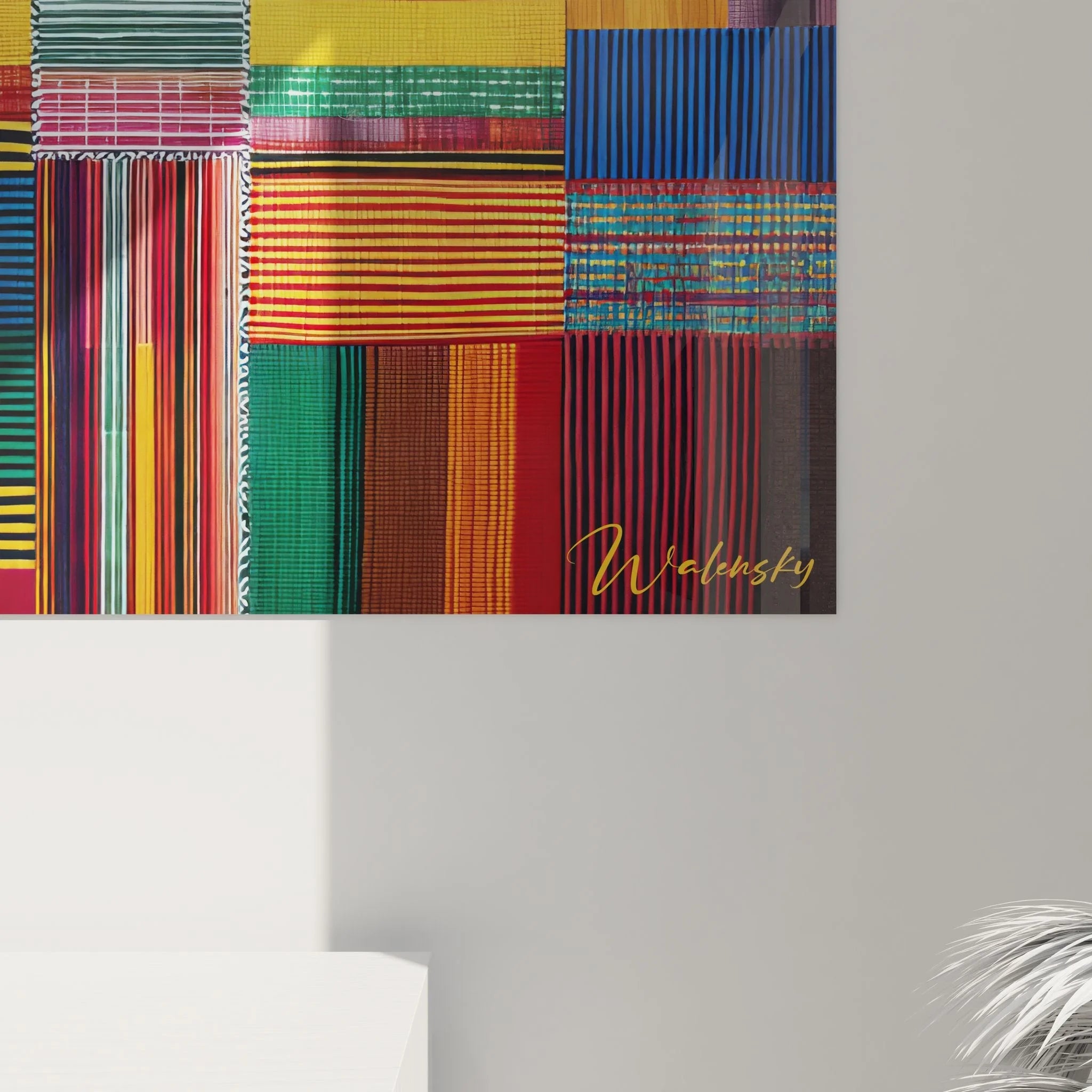 Gesamtansicht des großformatigen Afrika Textil Wandbildes mit vielfältigen Mustern