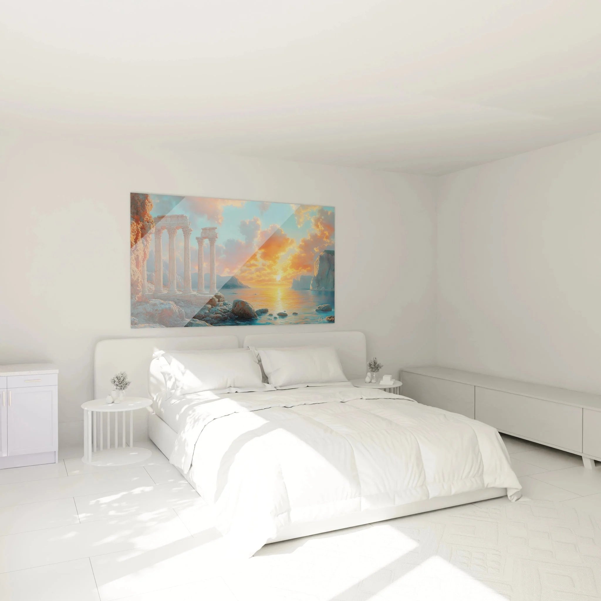 Wandbild XXL antike Ruinen Sonnenuntergang in modernem Schlafzimmer als stilvolle Wanddekoration