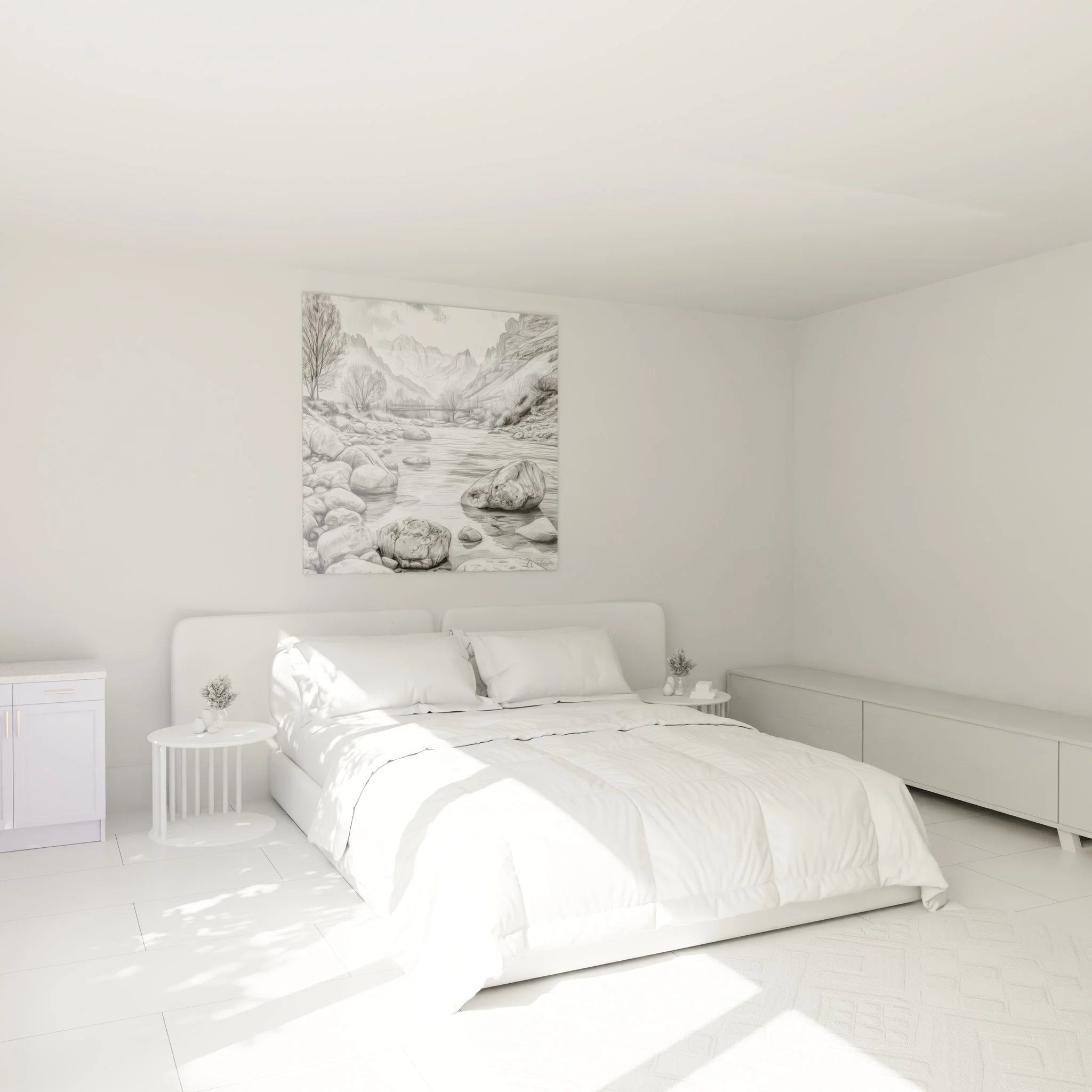 Wandbild XXL Bergbach Schlafzimmer Ambiente Gebirgsfluss Kunstdruck Wanddekoration grau