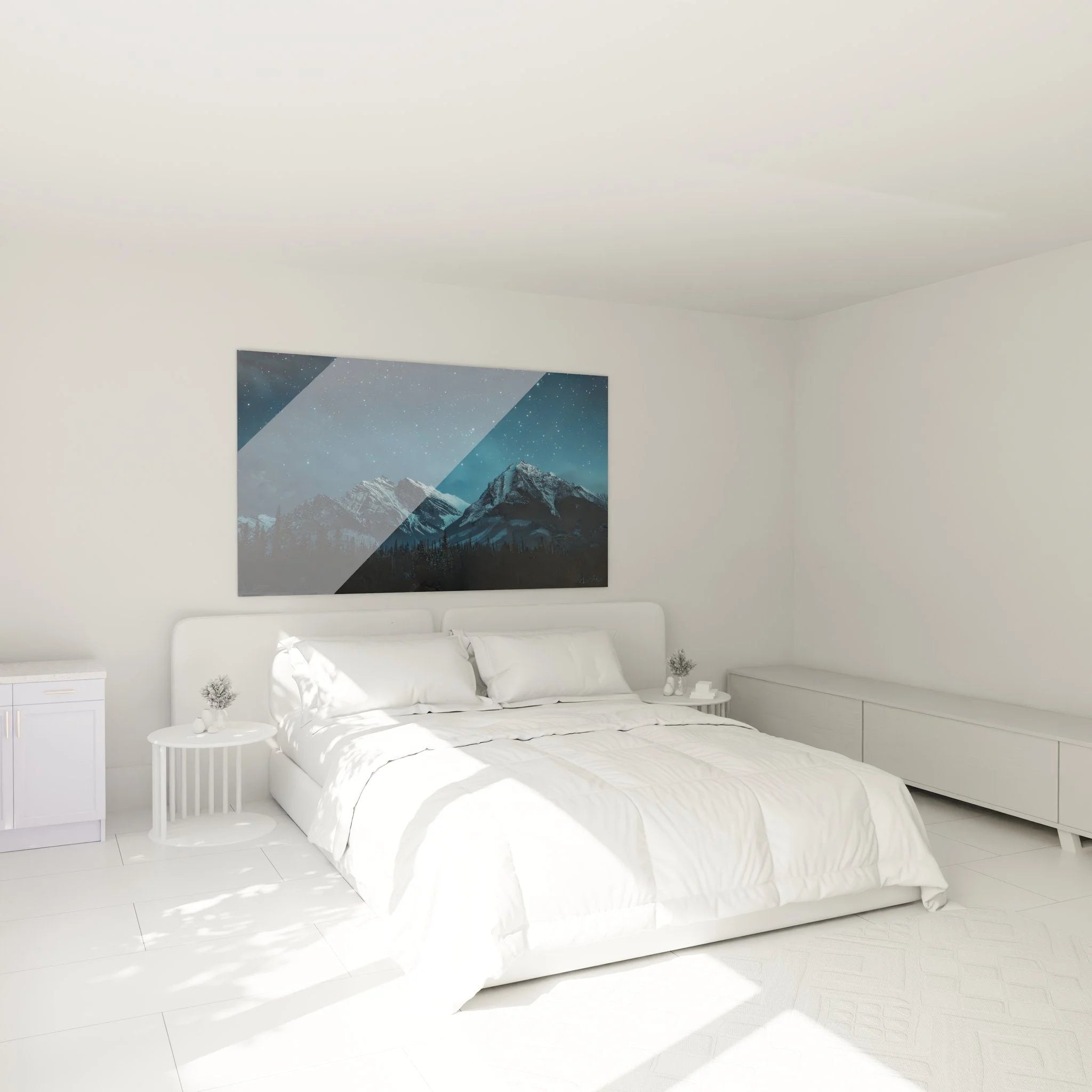 Wandbild XXL Berge Sternenhimmel als stilvolle Wanddekoration im Schlafzimmer mit nächtlicher Berglandschaft