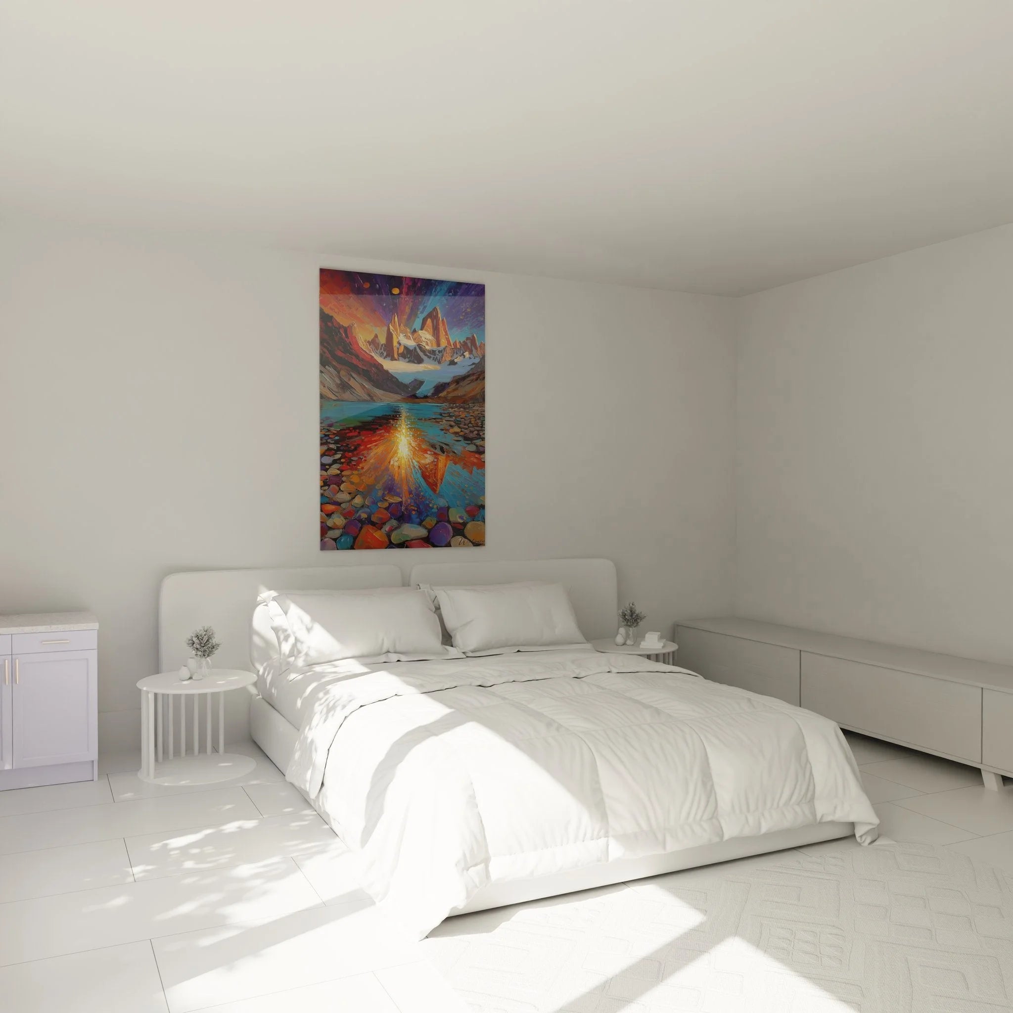 Wandbild XXL Bergpanorama als Schlafzimmer Wanddeko mit dramatischen Farben und Bergspiegelung