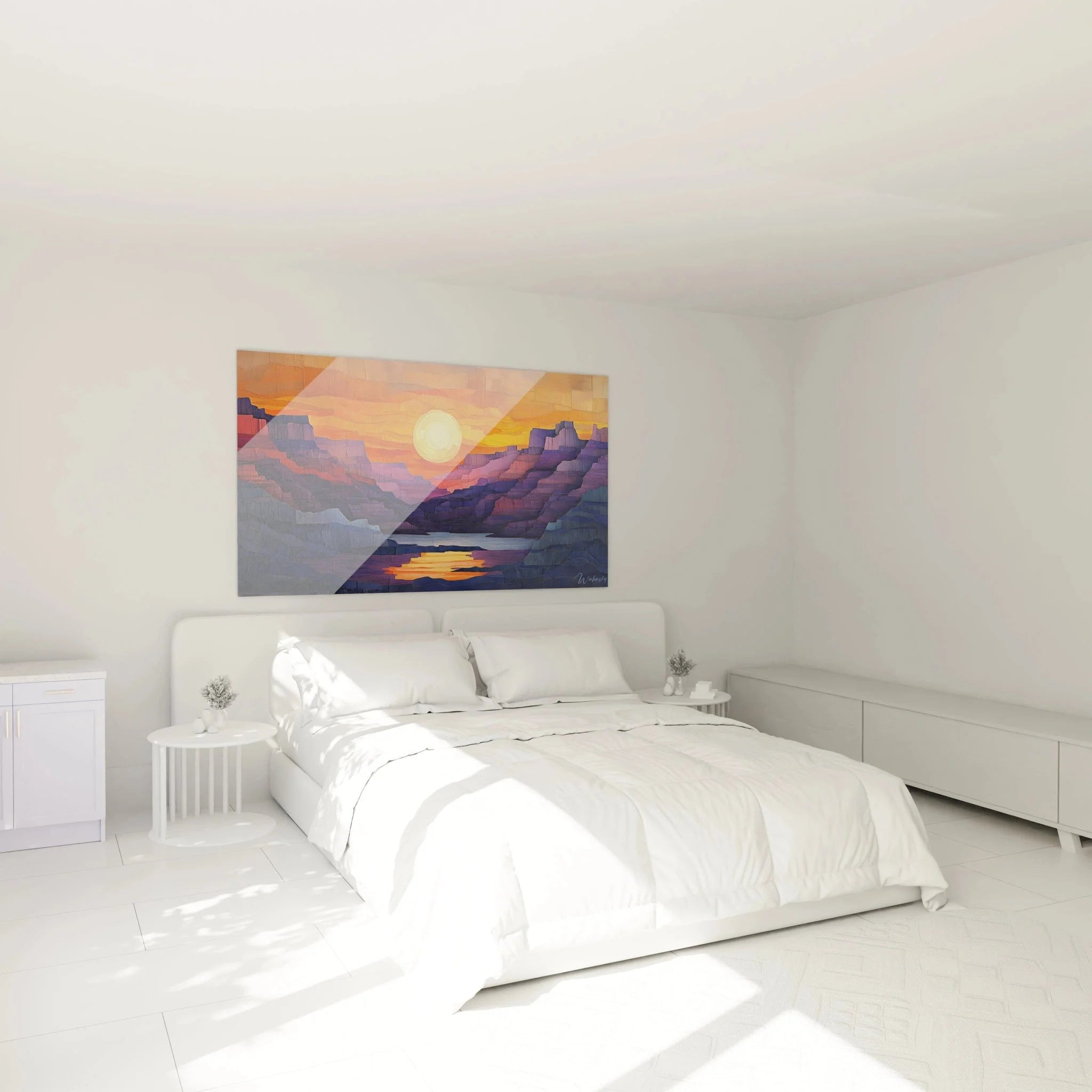 Wandbild XXL Bergpanorama Sonnenuntergang als Wanddekoration im modernen Schlafzimmer