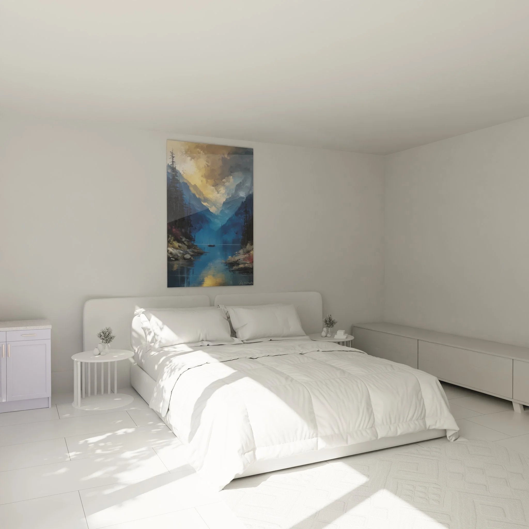 Wandbild XXL Bergsee im Schlafzimmer - Fjordlandschaft mit goldenem Abendlicht als Wanddekoration