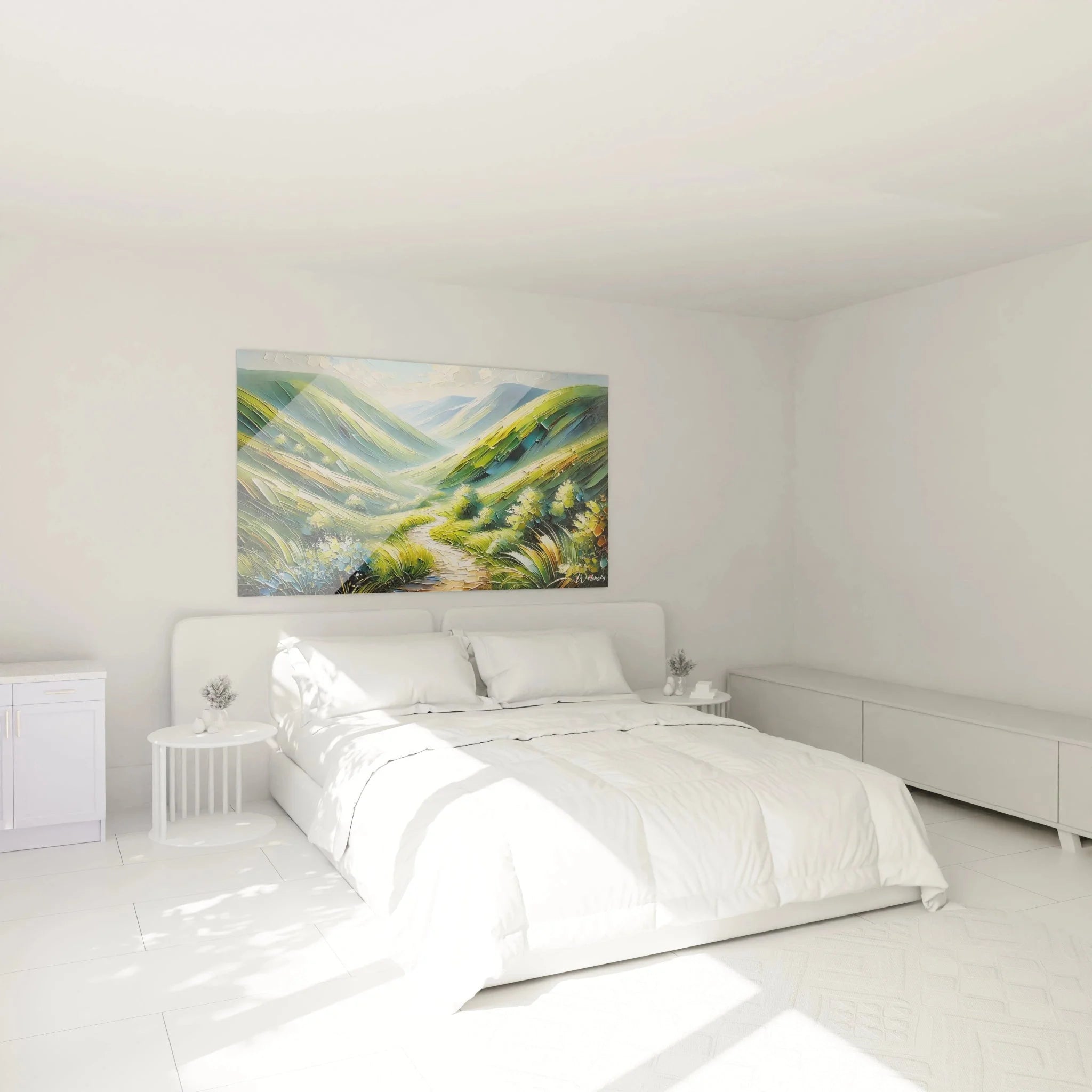 Wandbild XXL Bergtal grün im Schlafzimmer Ambiente mit Alpen Landschaft Berg Kunstdruck