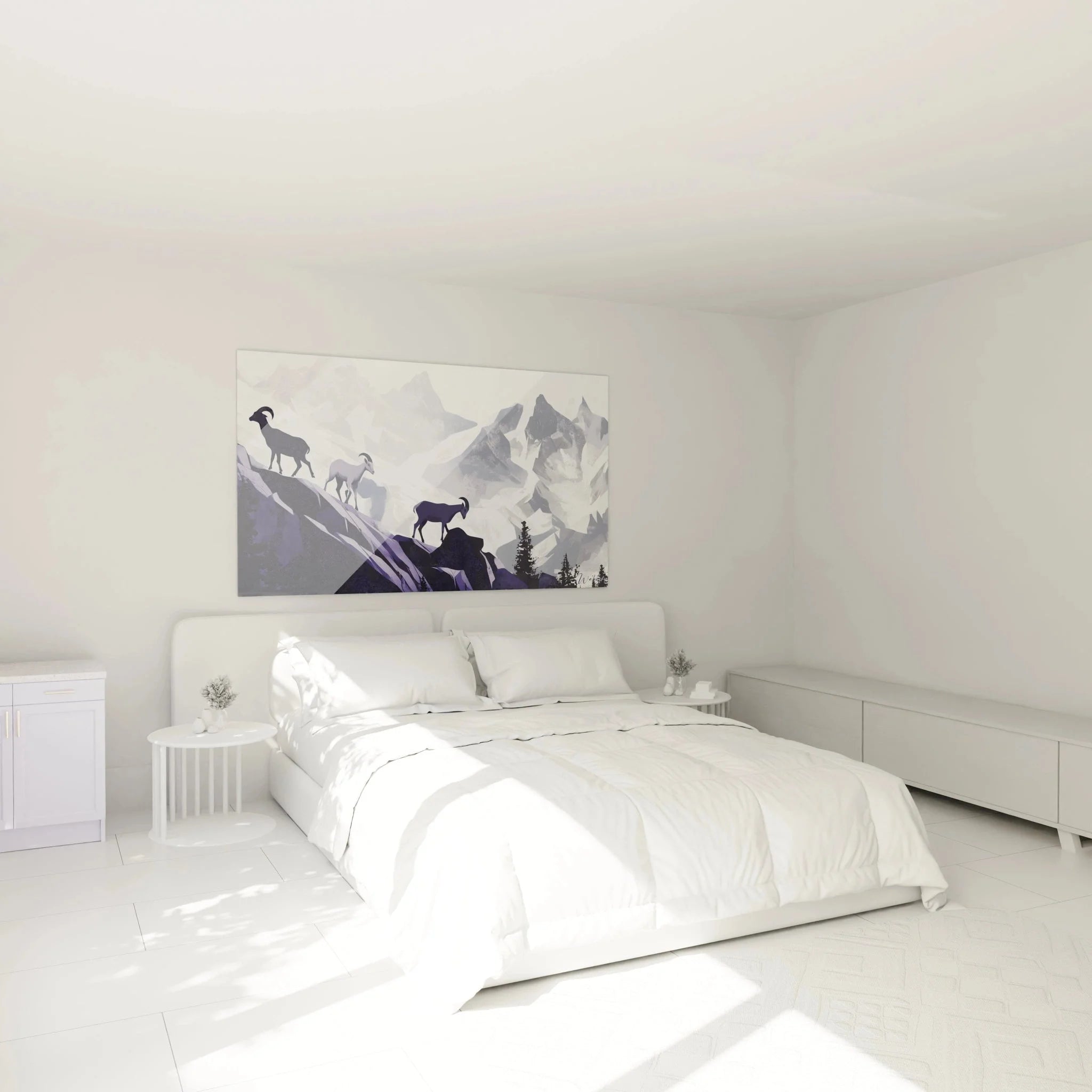 Wandbild XXL Steinböcke als Schlafzimmer Dekoration mit alpinem Bergpanorama in Grau-Blau-Tönen