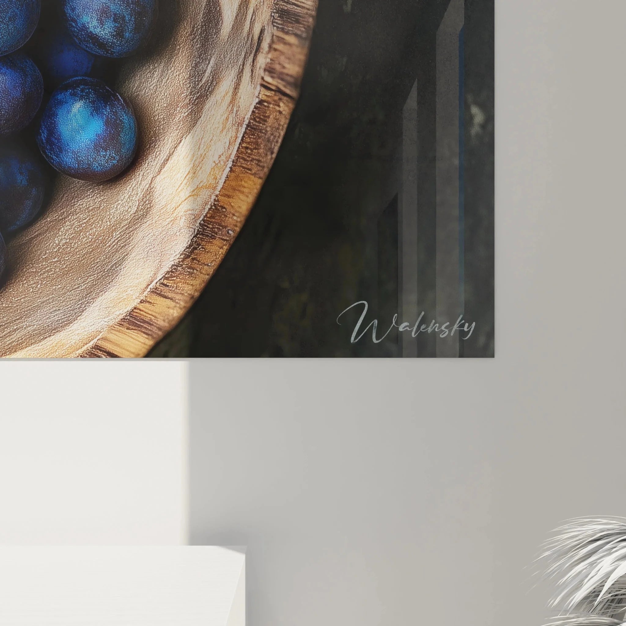 Wandbild XXL Blaubeeren als natürliche Schlafzimmer Wanddeko - Heidelbeeren in Holzschale