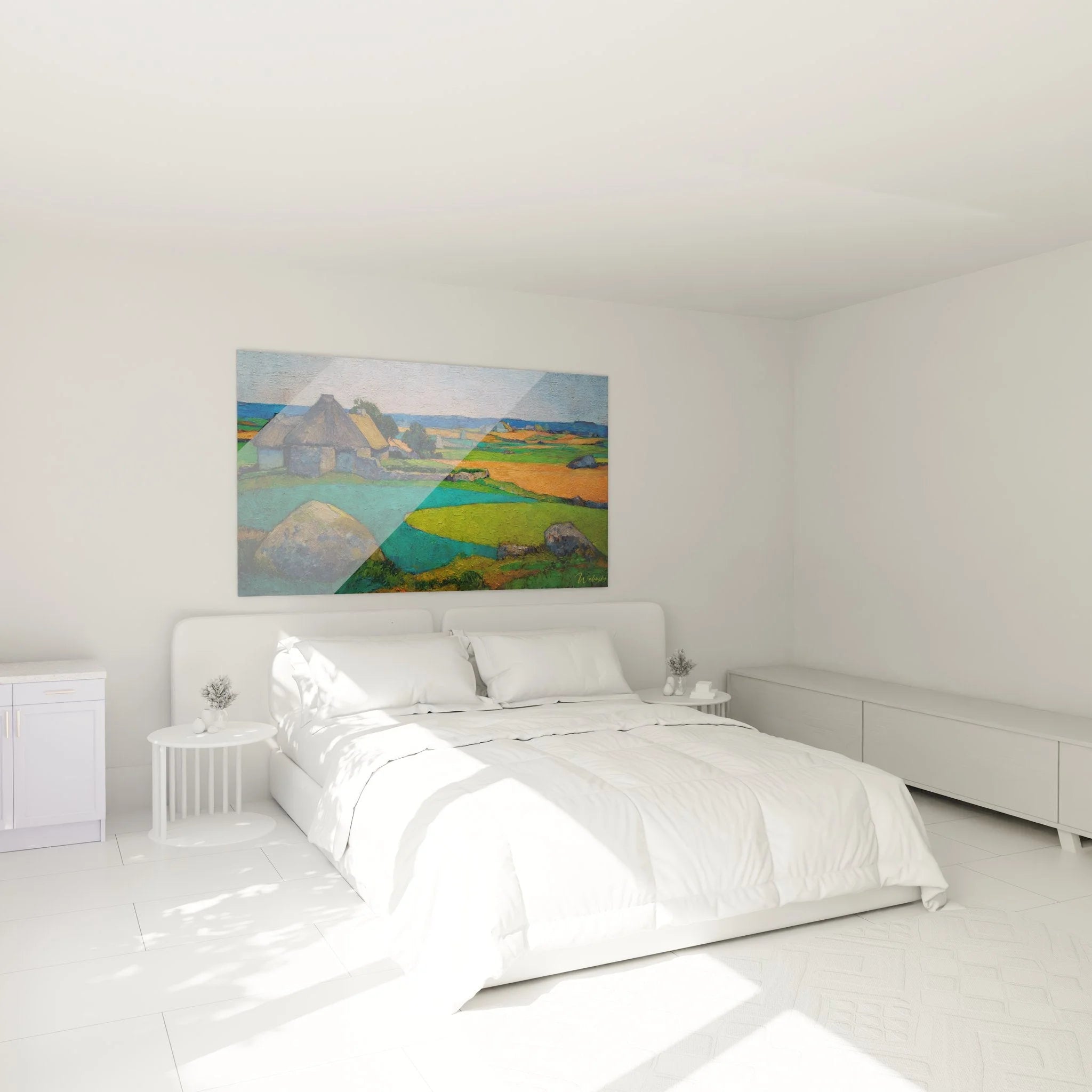 Wandbild XXL bretonische Landschaft als Schlafzimmer Wanddeko mit ländlichem Steinhaus und Naturmotiven