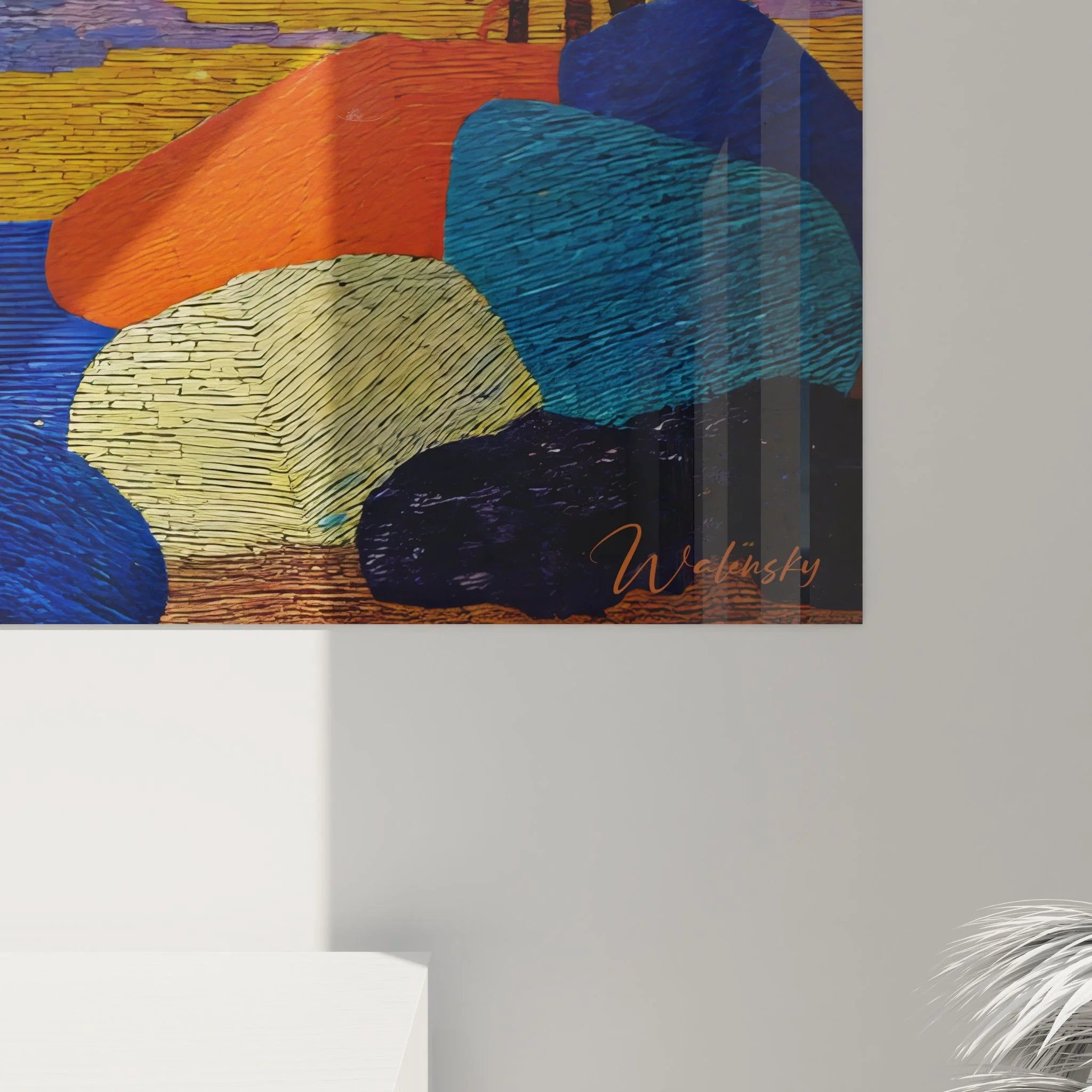 Gesamtansicht Wandbild XXL bunte Landschaft mit Bäumen und See in moderner Darstellung