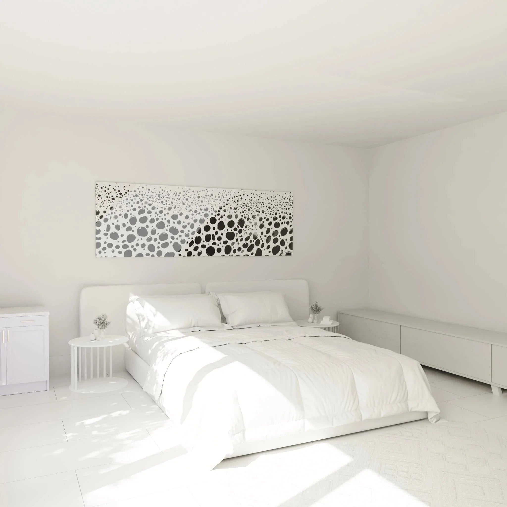 Wandbild XXL Dalmatiner Optik in modernem Schlafzimmer über dem Bett montiert