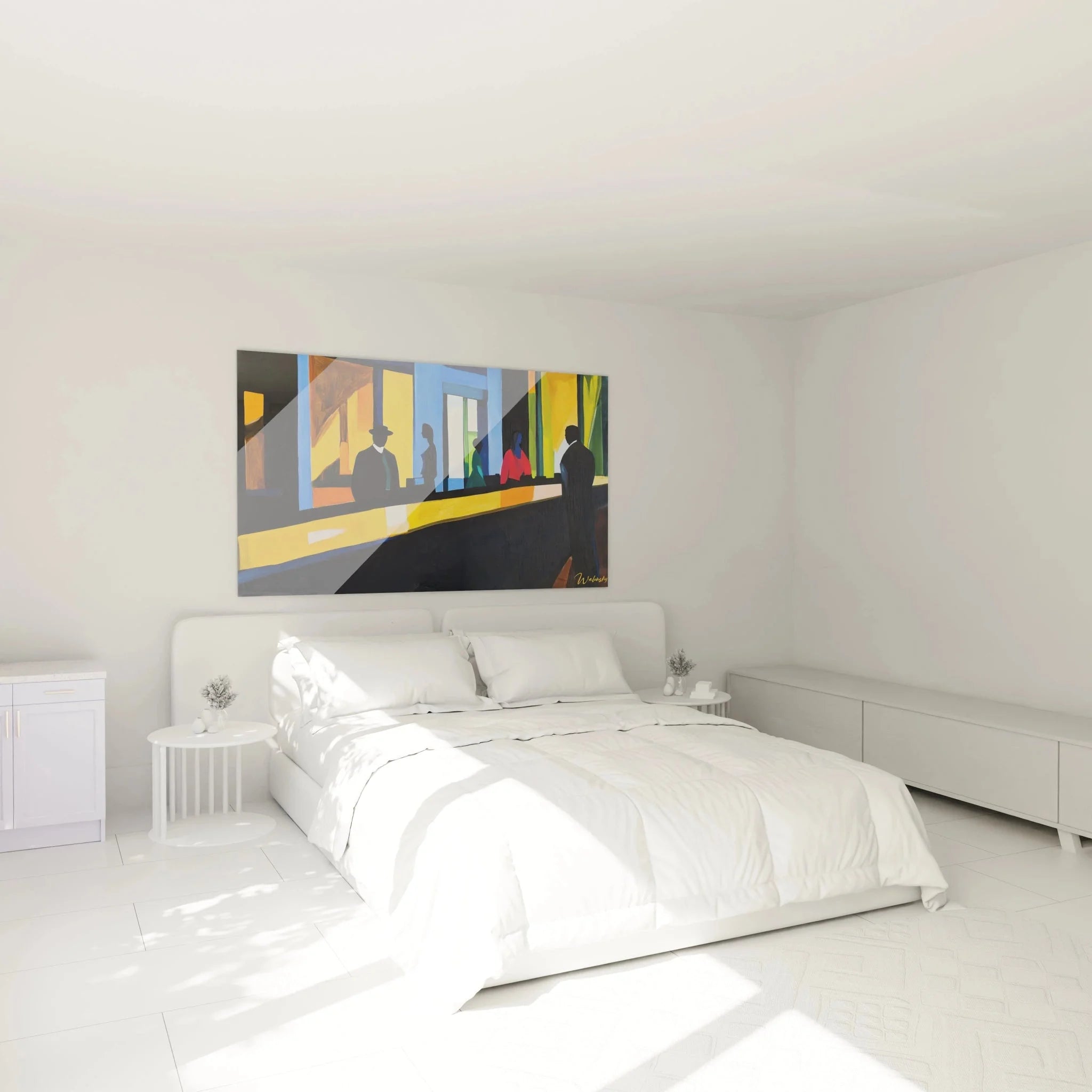 Wandbild XXL Diner Szene im Schlafzimmer als moderne Wanddekoration Edward Hopper Inspiration